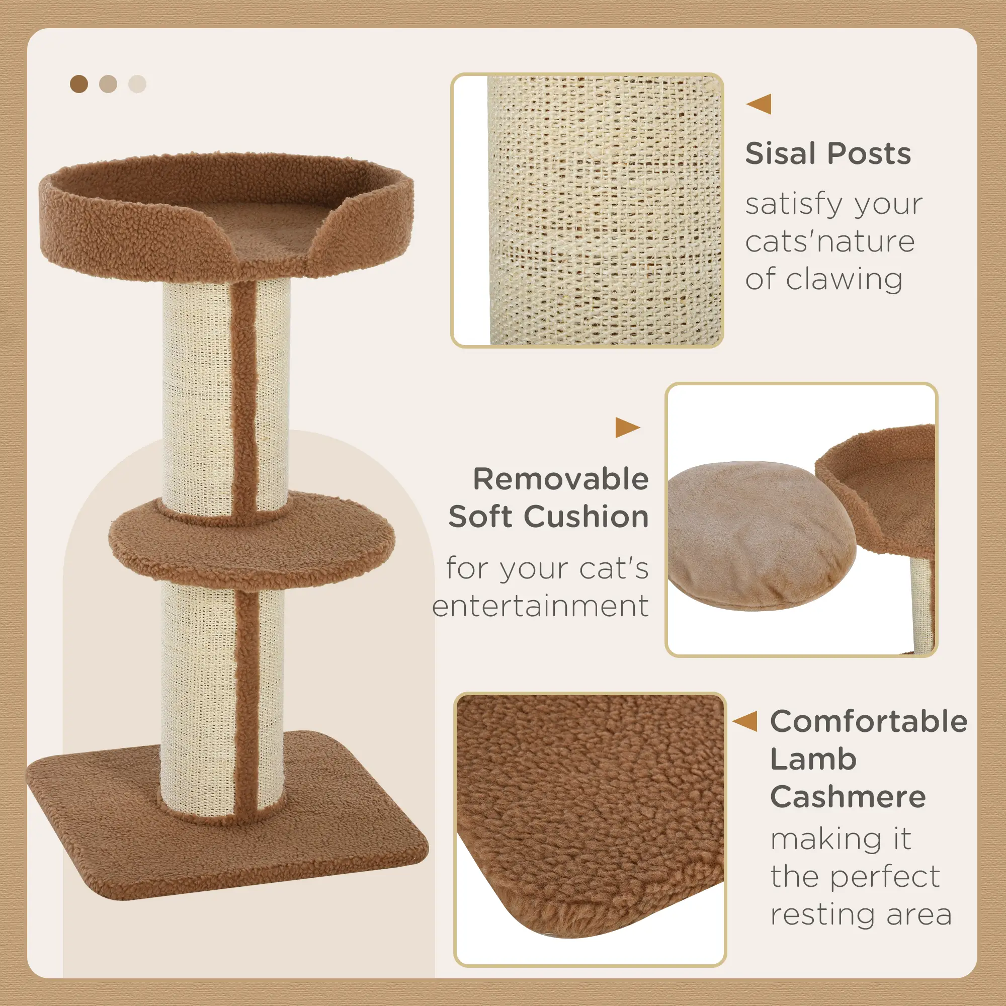 Cat Tree with Scratching Post, Bed, Cushion, Perch, 18" x 18" x 36", Brown - Image 5