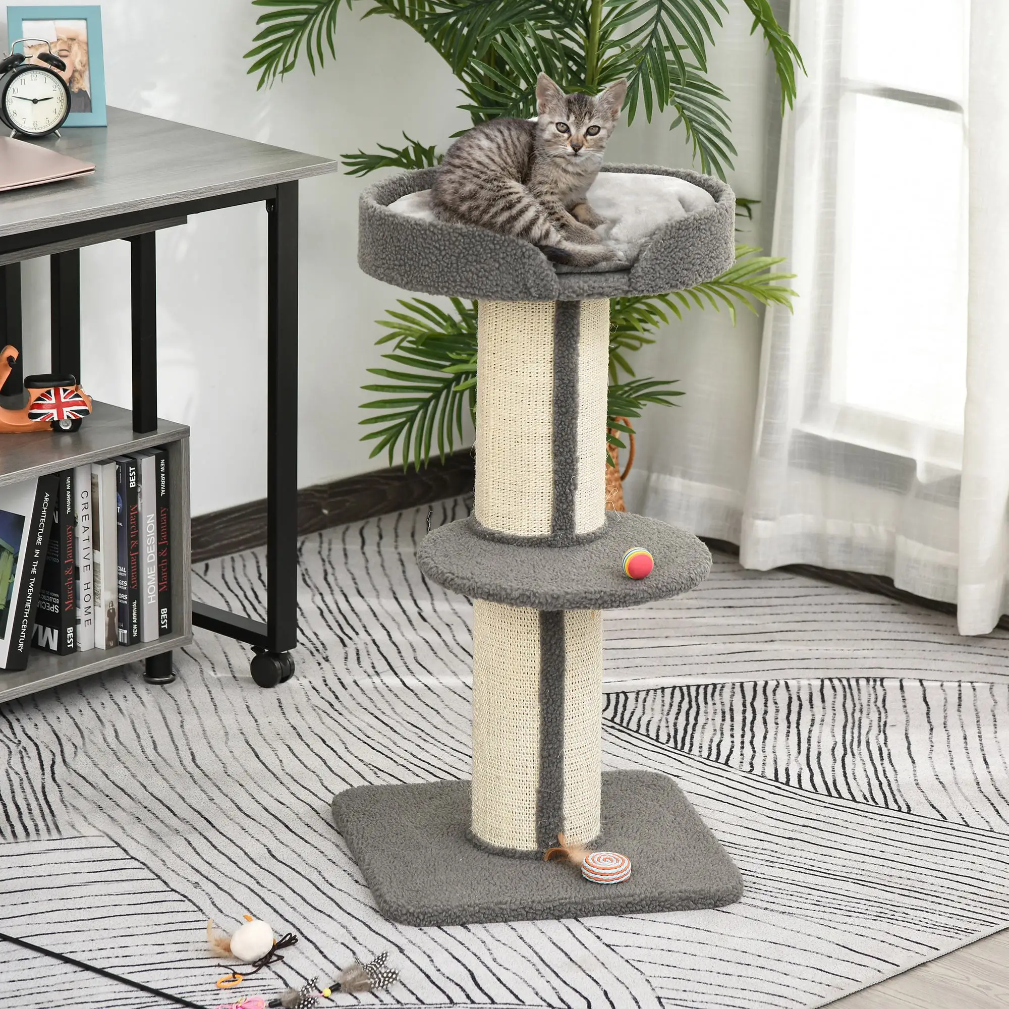 Cat Tree with Scratching Post, Bed, Cushion, Perch, 18" x 18" x 36", Grey - Image 2