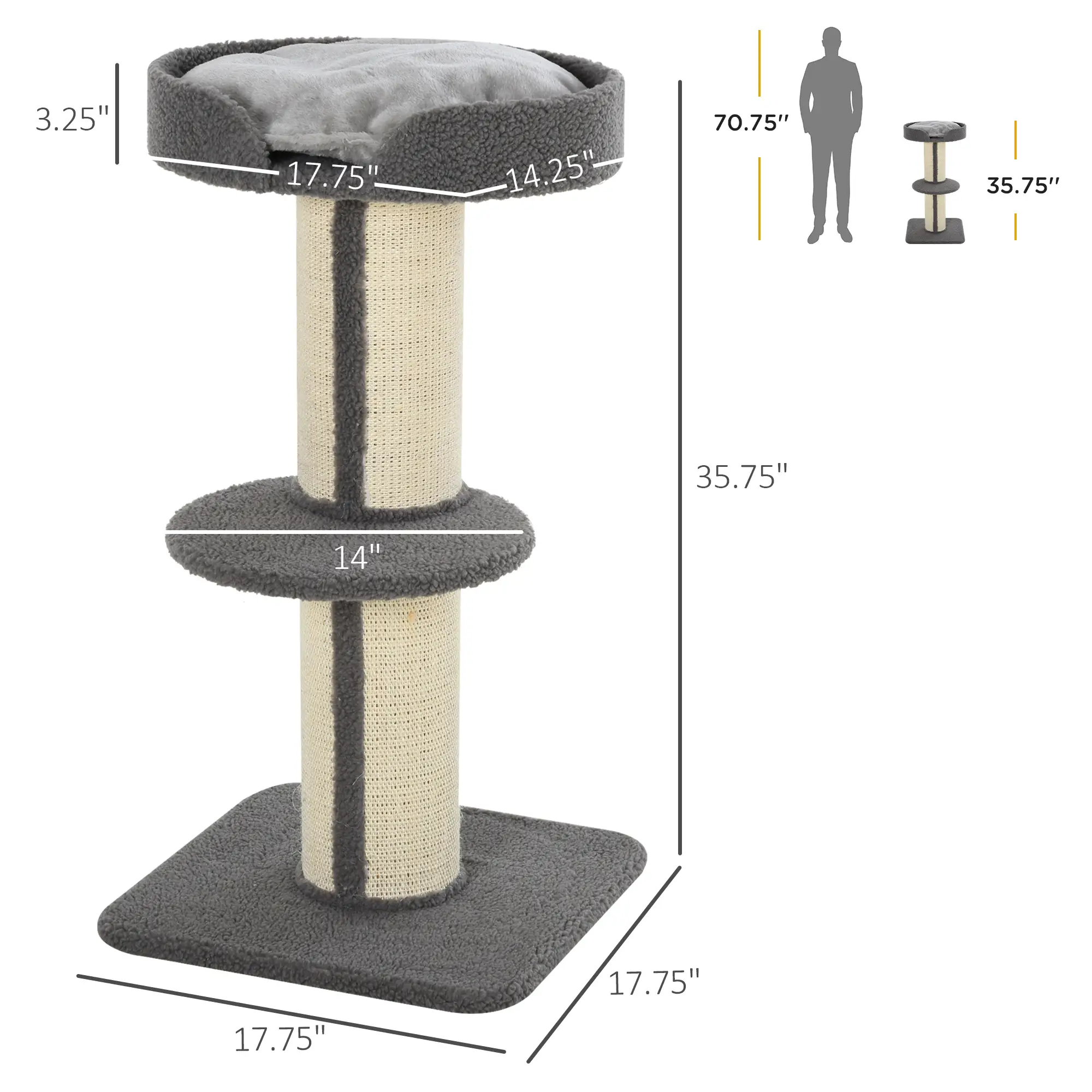 Cat Tree with Scratching Post, Bed, Cushion, Perch, 18" x 18" x 36", Grey - Image 3