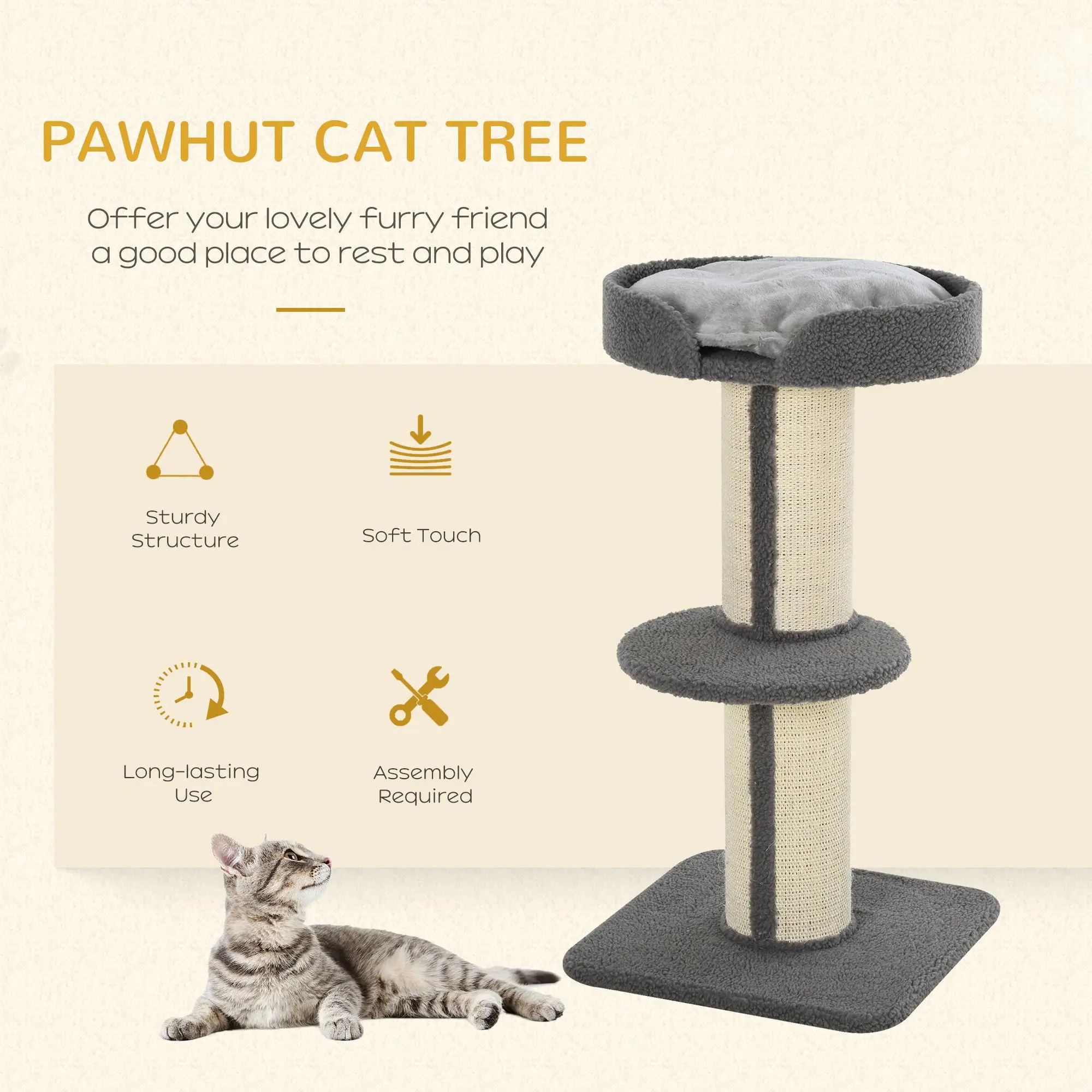 Cat Tree with Scratching Post, Bed, Cushion, Perch, 18" x 18" x 36", Grey - Image 4
