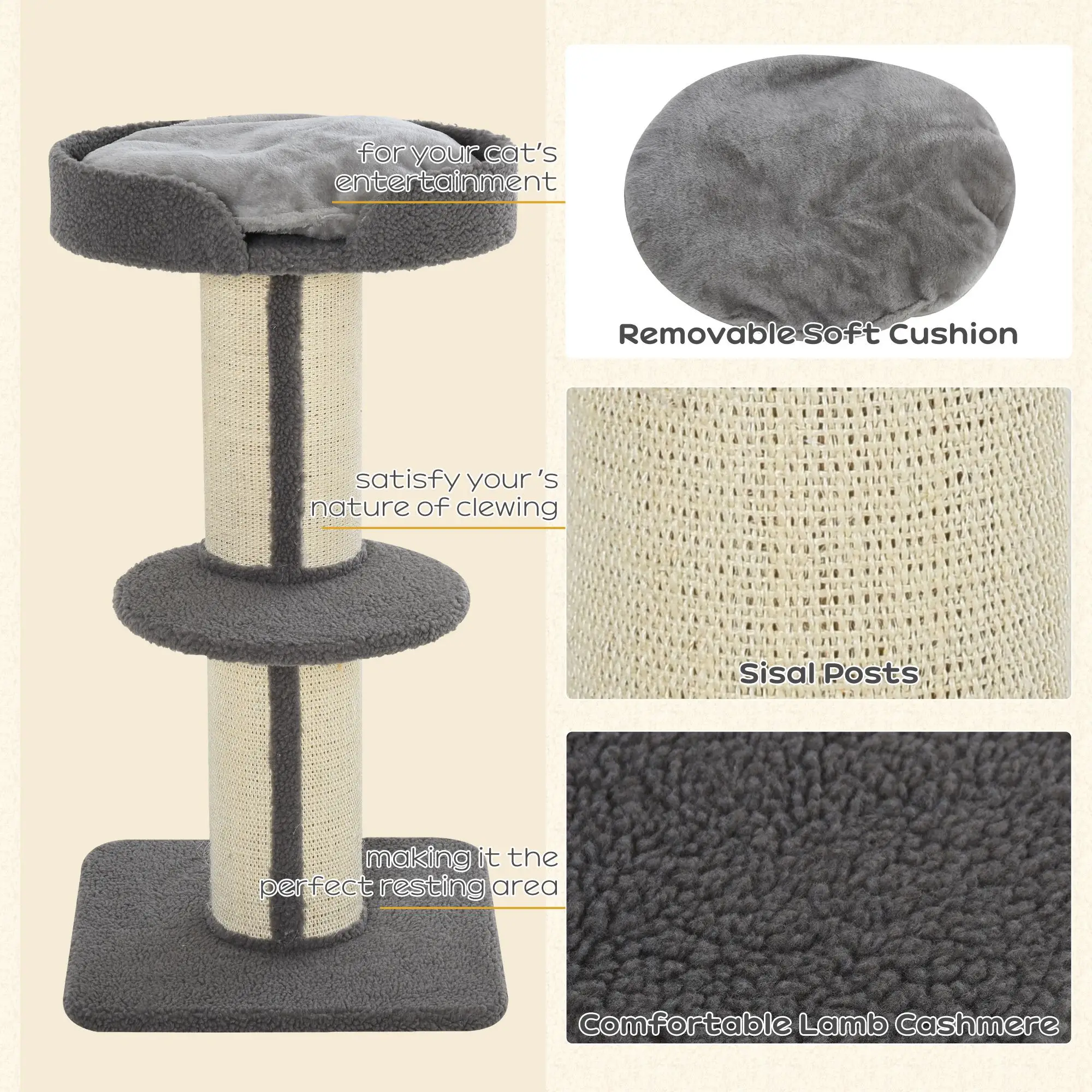 Cat Tree with Scratching Post, Bed, Cushion, Perch, 18" x 18" x 36", Grey - Image 5