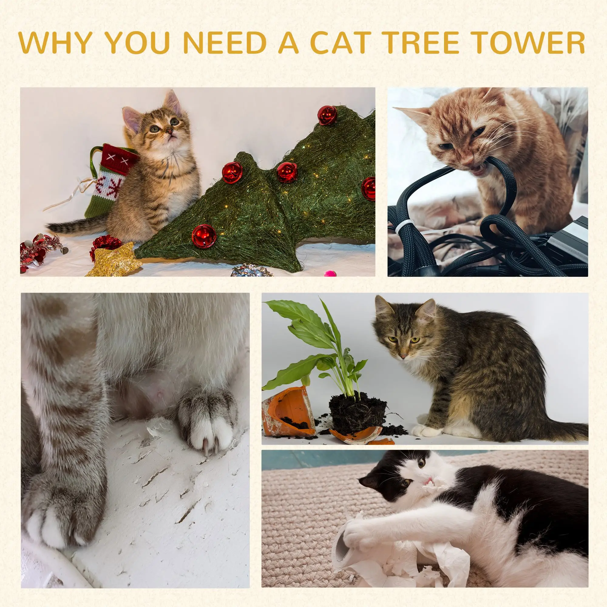 Cat Tree with Scratching Post, Bed, Cushion, Perch, 18" x 18" x 36", Grey - Image 7