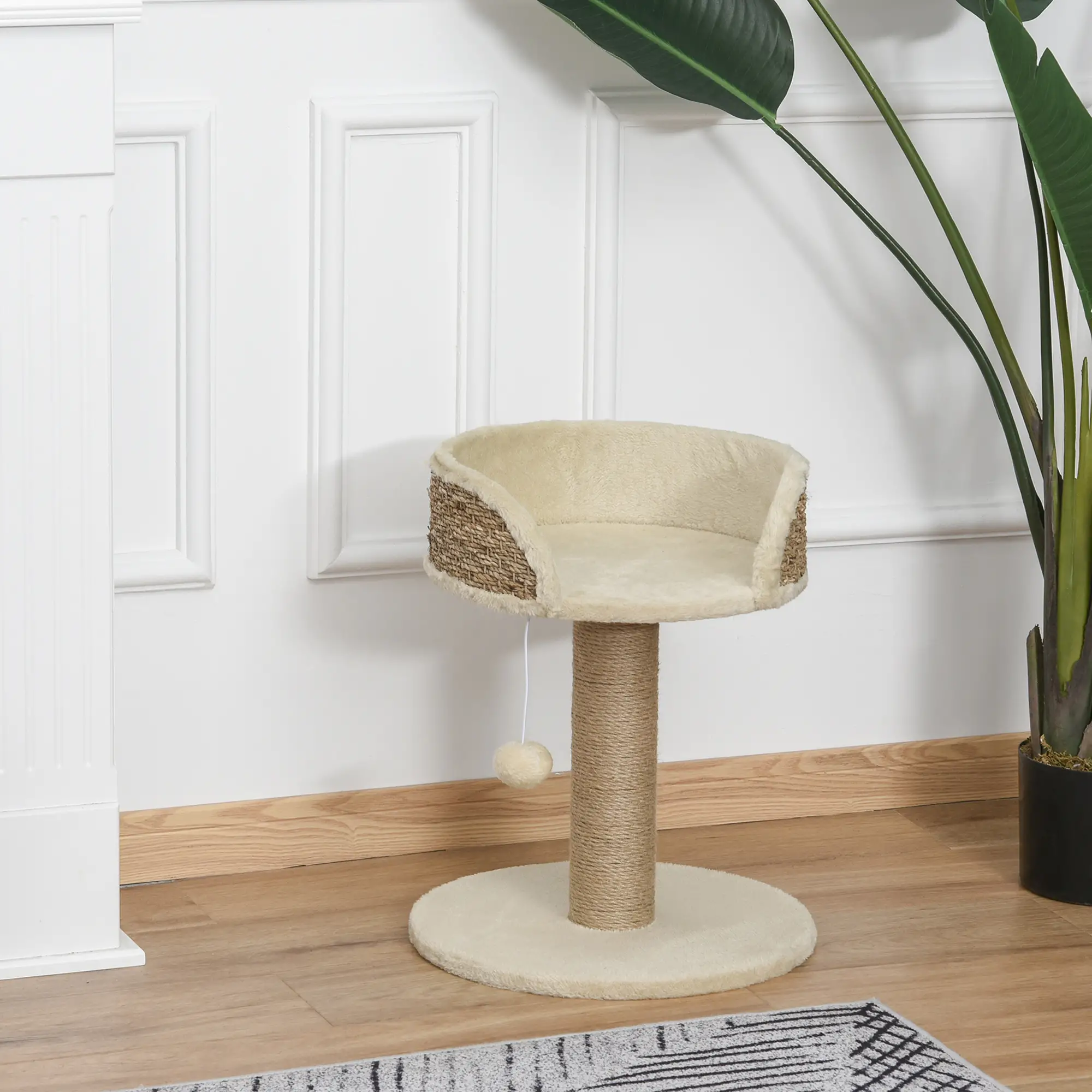 Cat Tree with Scratching Post, Toy Ball, Perch, 16" x 16" x 19", Beige - Image 2