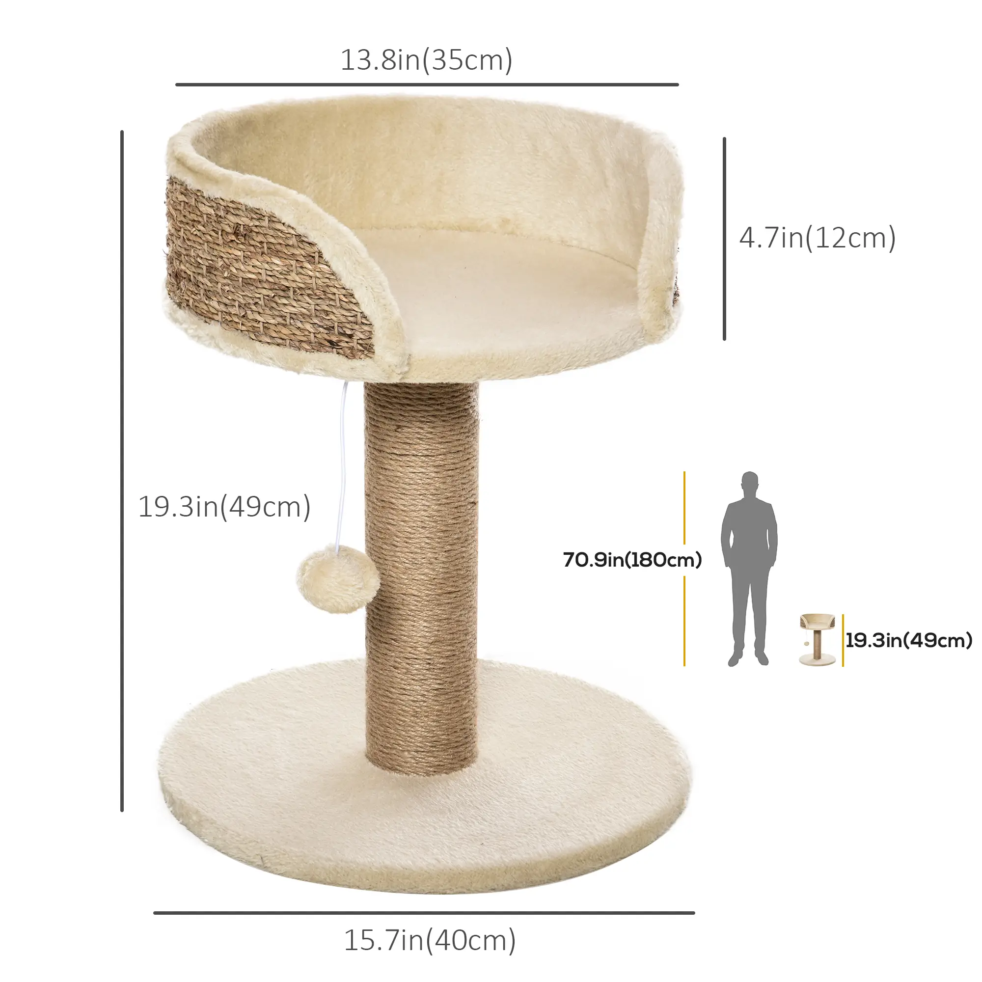 Cat Tree with Scratching Post, Toy Ball, Perch, 16" x 16" x 19", Beige - Image 3