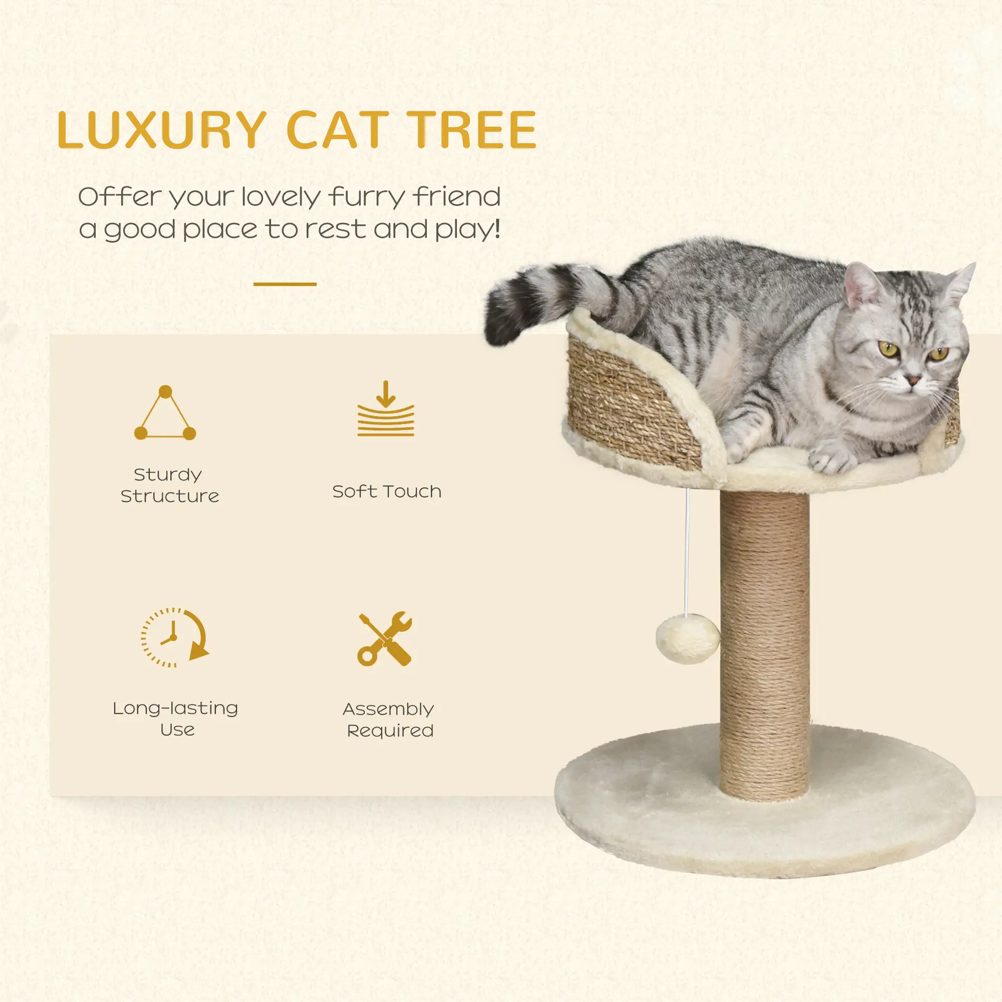 Cat Tree with Scratching Post, Toy Ball, Perch, 16" x 16" x 19", Beige - Image 4