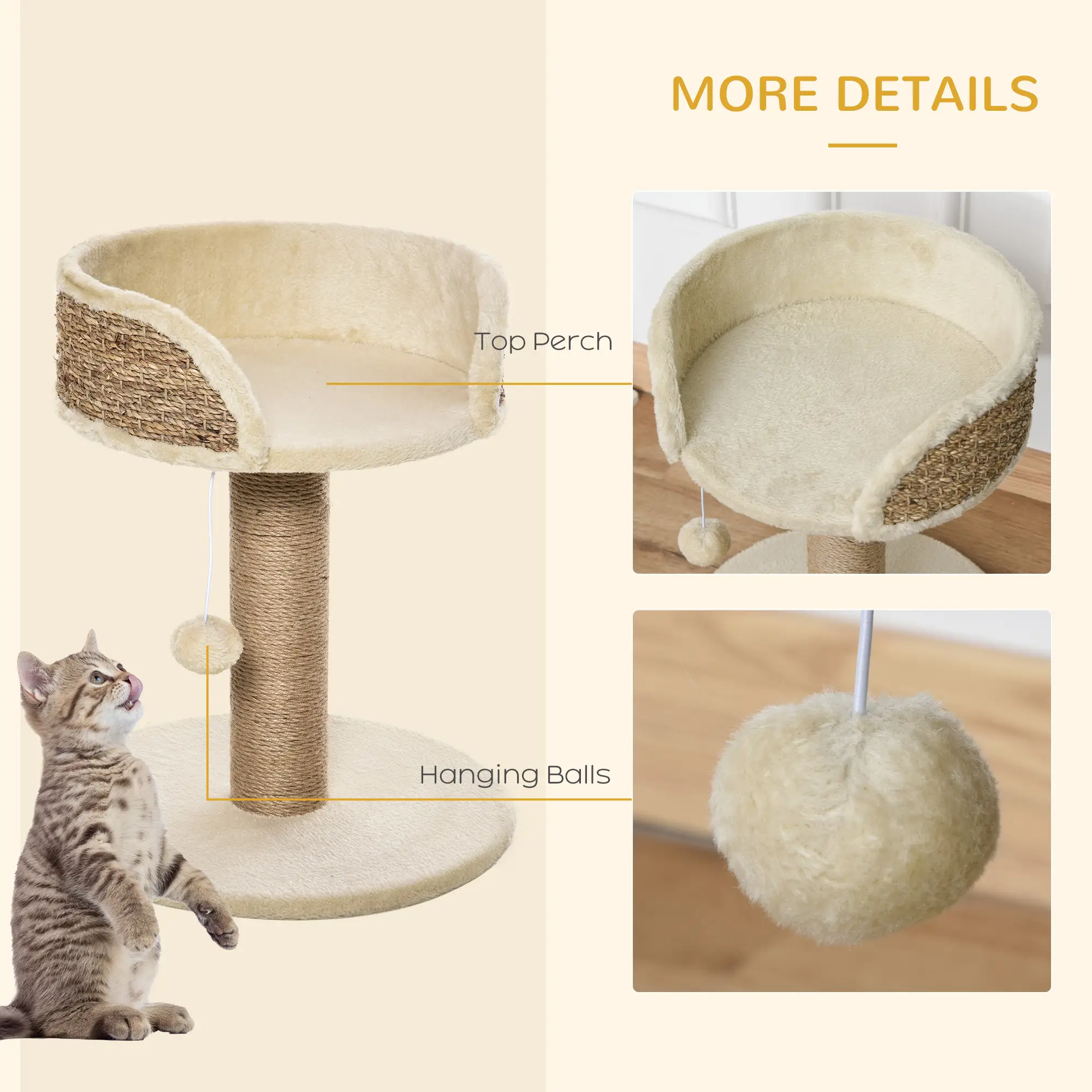 Cat Tree with Scratching Post, Toy Ball, Perch, 16" x 16" x 19", Beige - Image 5
