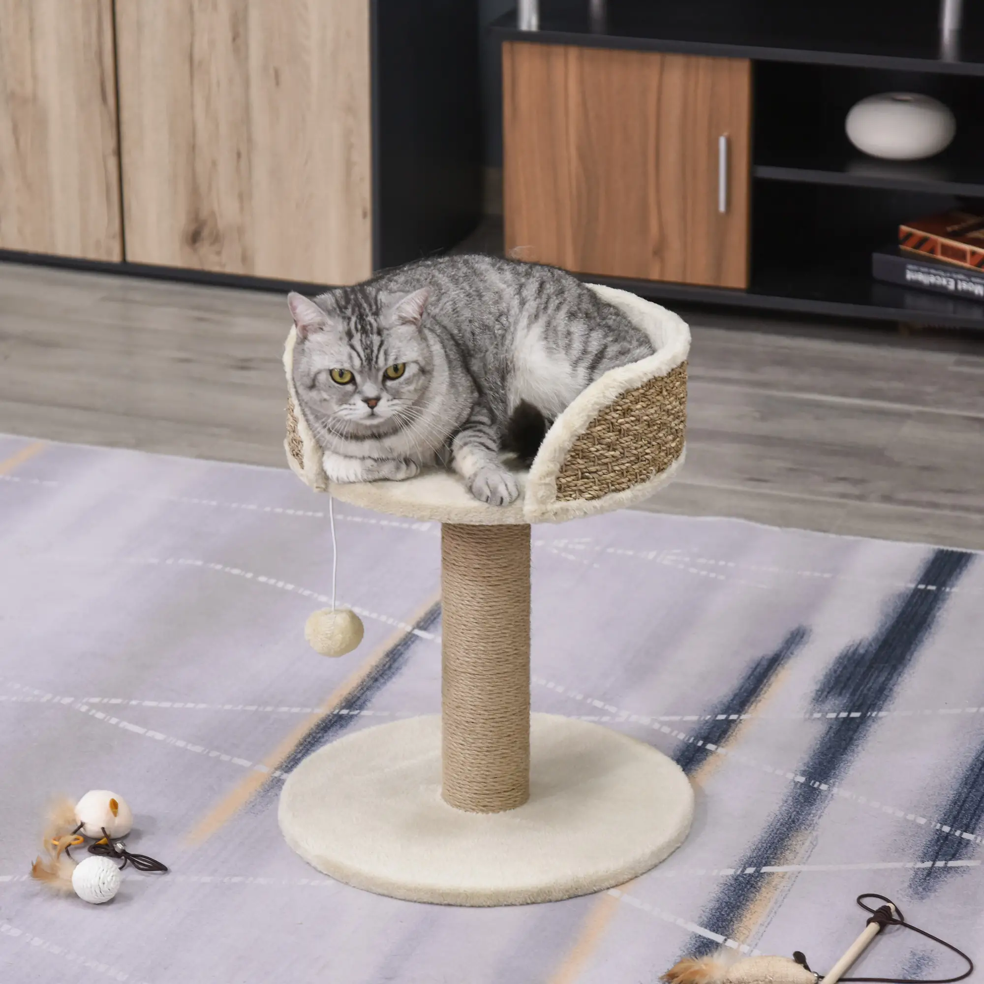 Cat Tree with Scratching Post, Toy Ball, Perch, 16" x 16" x 19", Beige - Image 7