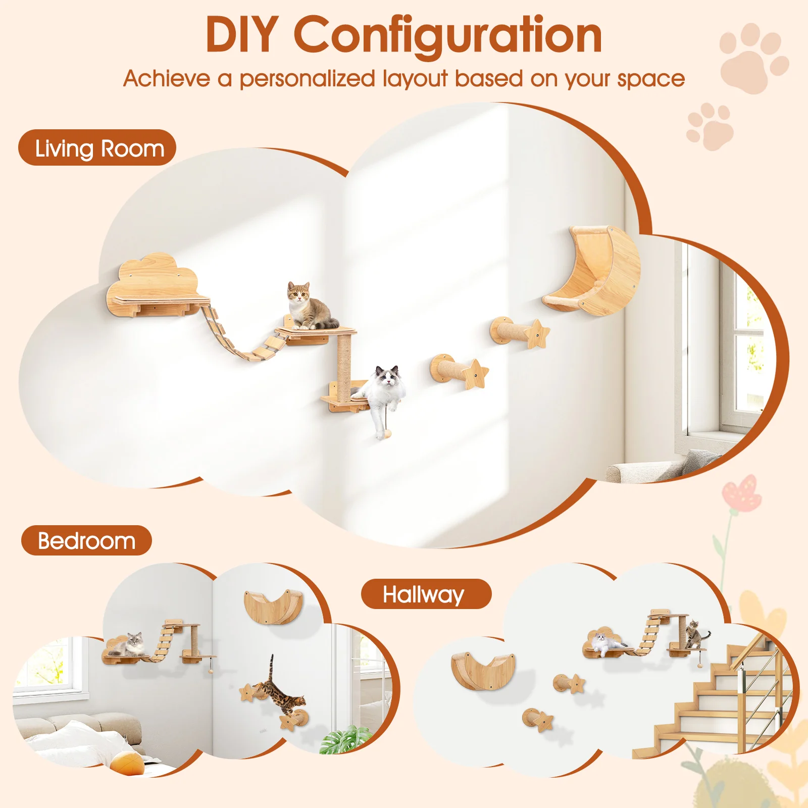 Cat Wall Furniture Set Kitten Wall Mounted Shelves with Hammock, Natural - Image 10