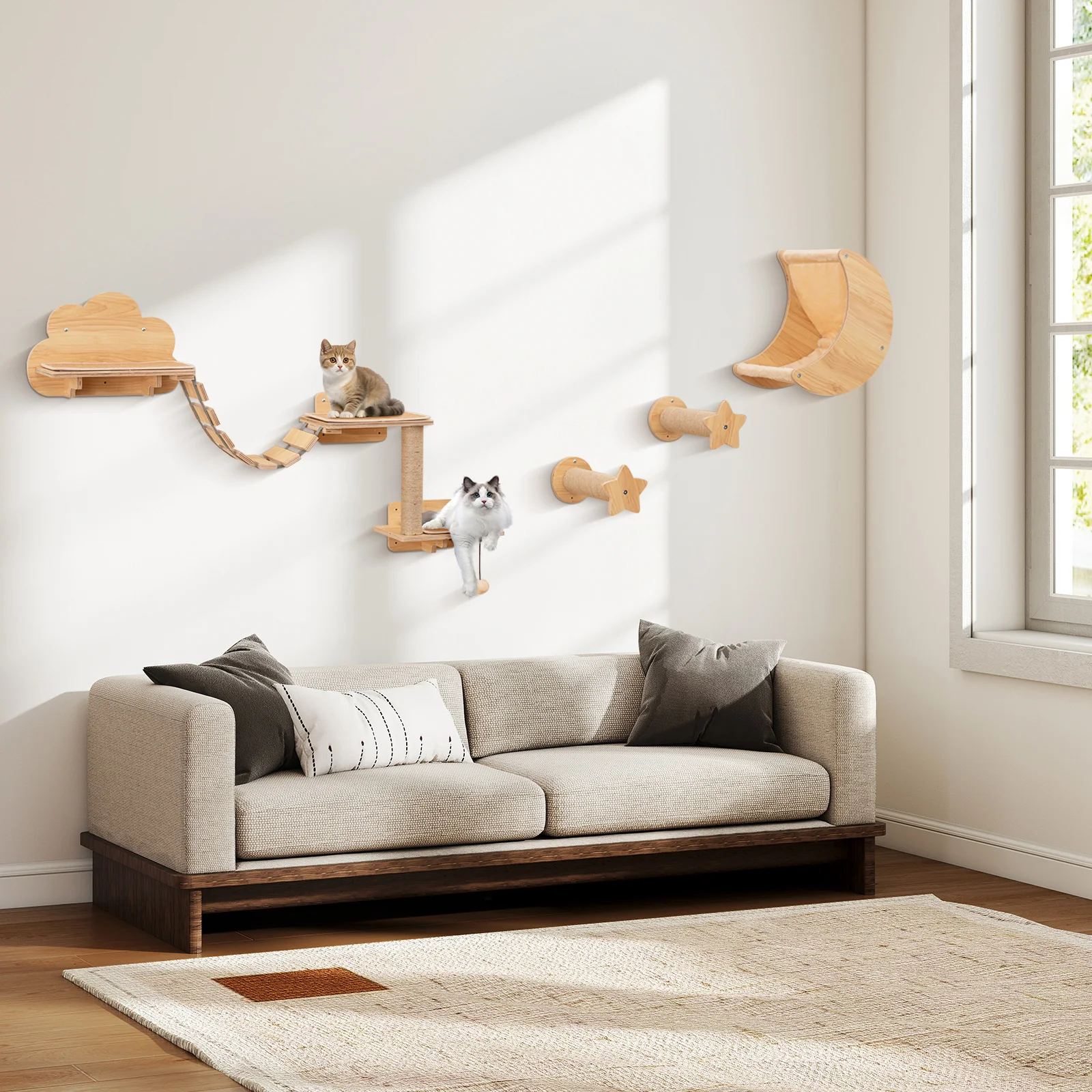 Cat Wall Furniture Set Kitten Wall Mounted Shelves with Hammock, Natural - Image 2