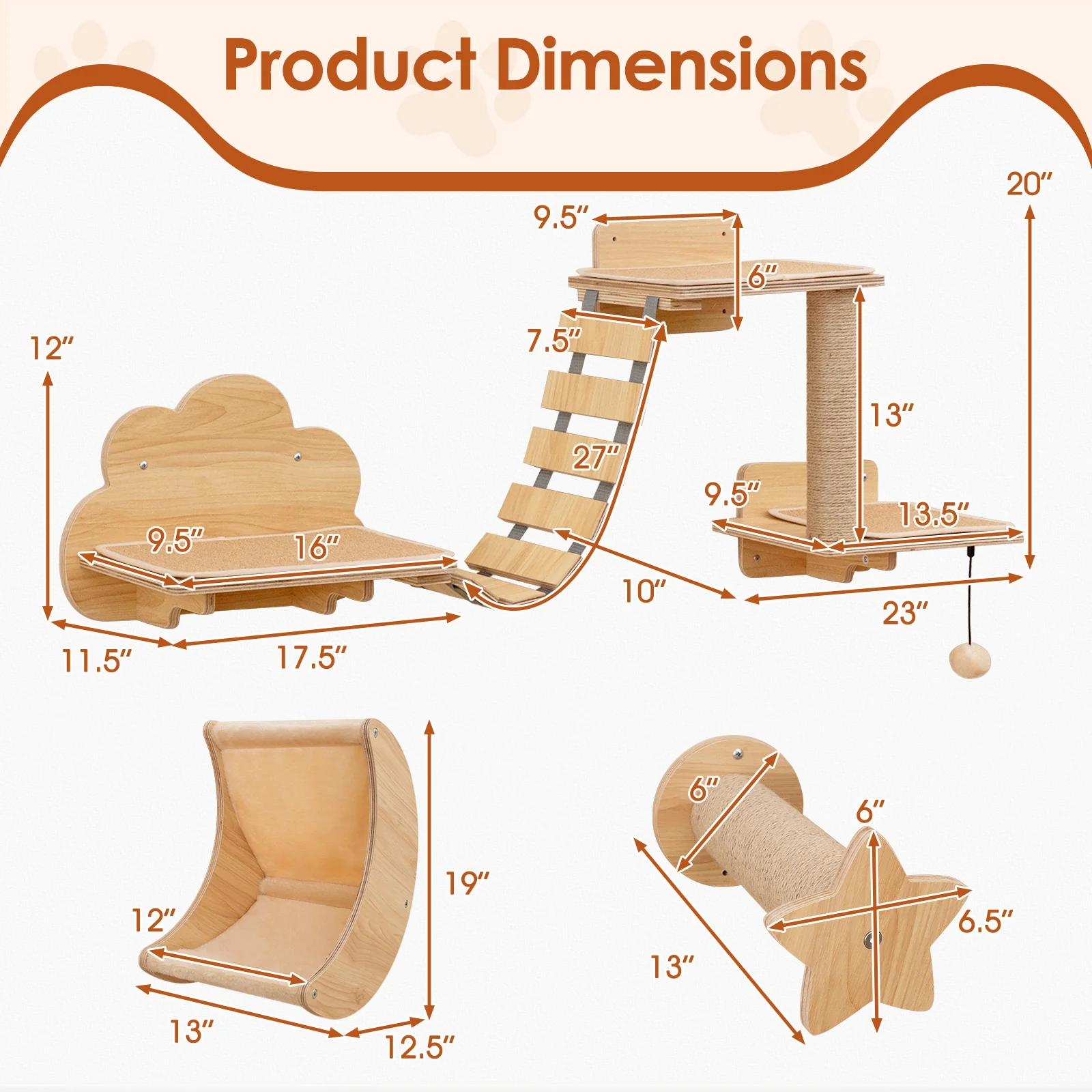 Cat Wall Furniture Set Kitten Wall Mounted Shelves with Hammock, Natural - Image 4