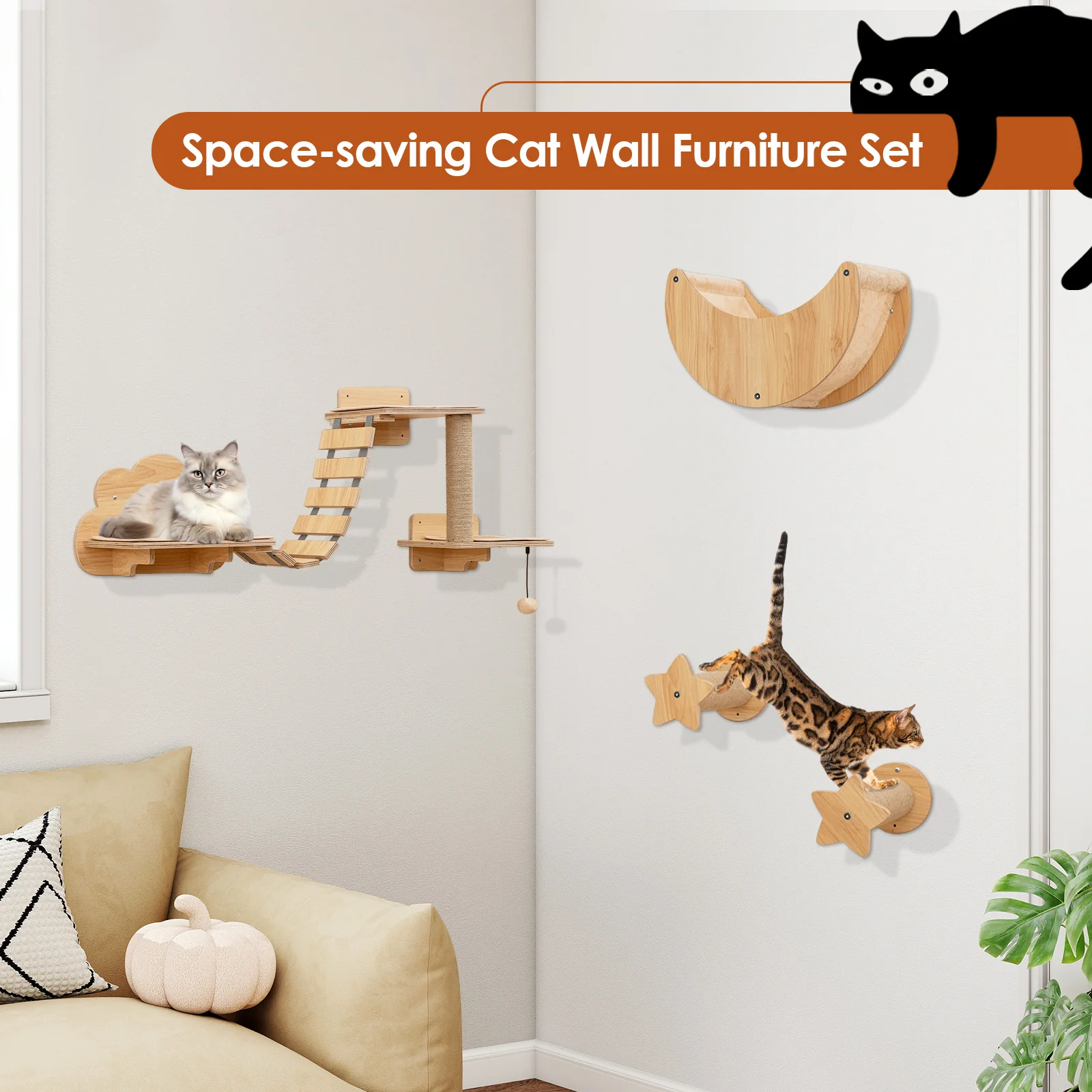 Cat Wall Furniture Set Kitten Wall Mounted Shelves with Hammock, Natural - Image 5