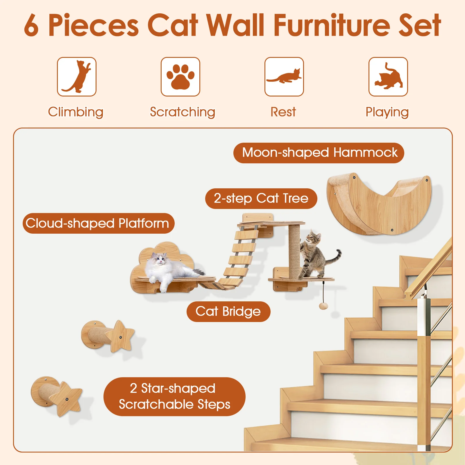 Cat Wall Furniture Set Kitten Wall Mounted Shelves with Hammock, Natural - Image 6