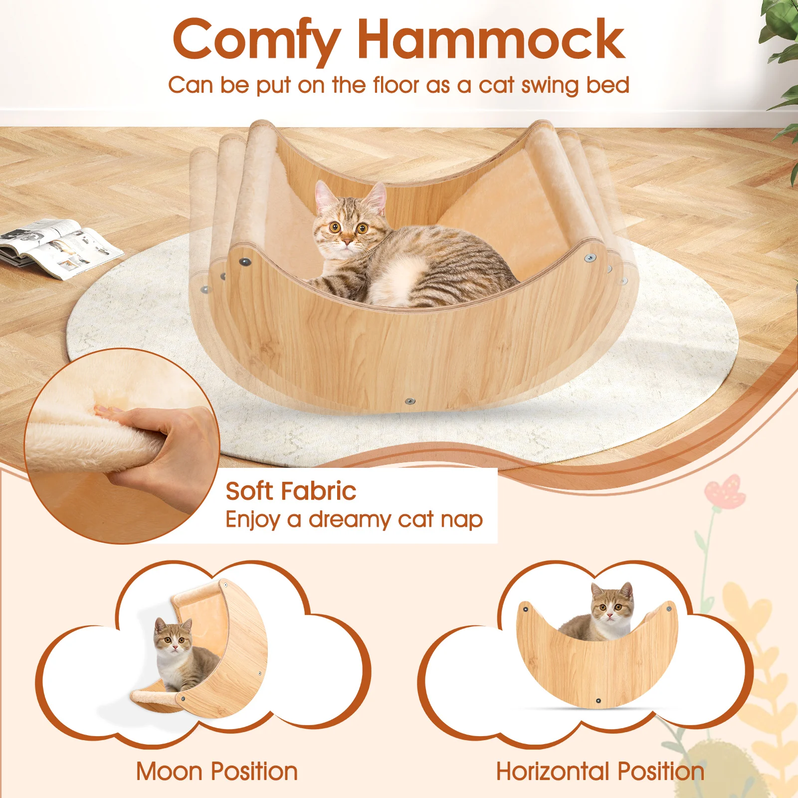 Cat Wall Furniture Set Kitten Wall Mounted Shelves with Hammock, Natural - Image 7