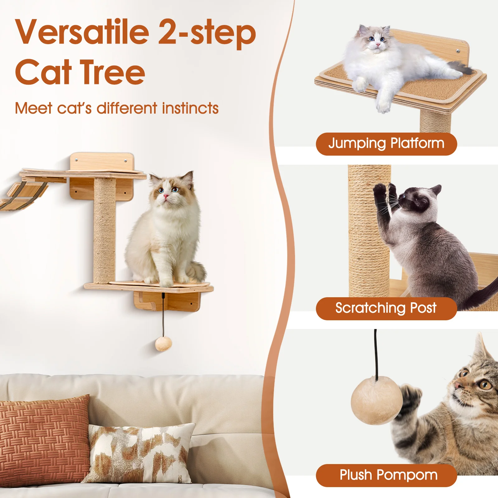Cat Wall Furniture Set Kitten Wall Mounted Shelves with Hammock, Natural - Image 8