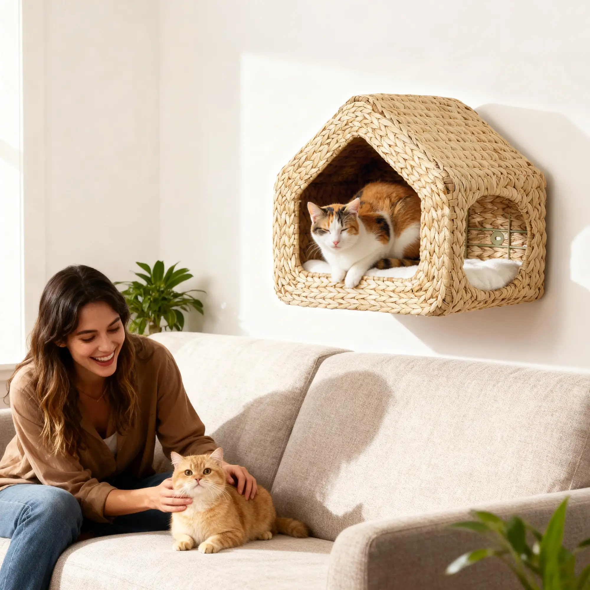 Cat Wall Shelf, Wall Mounted Cat House, Washable Cushion, Natural - Image 2