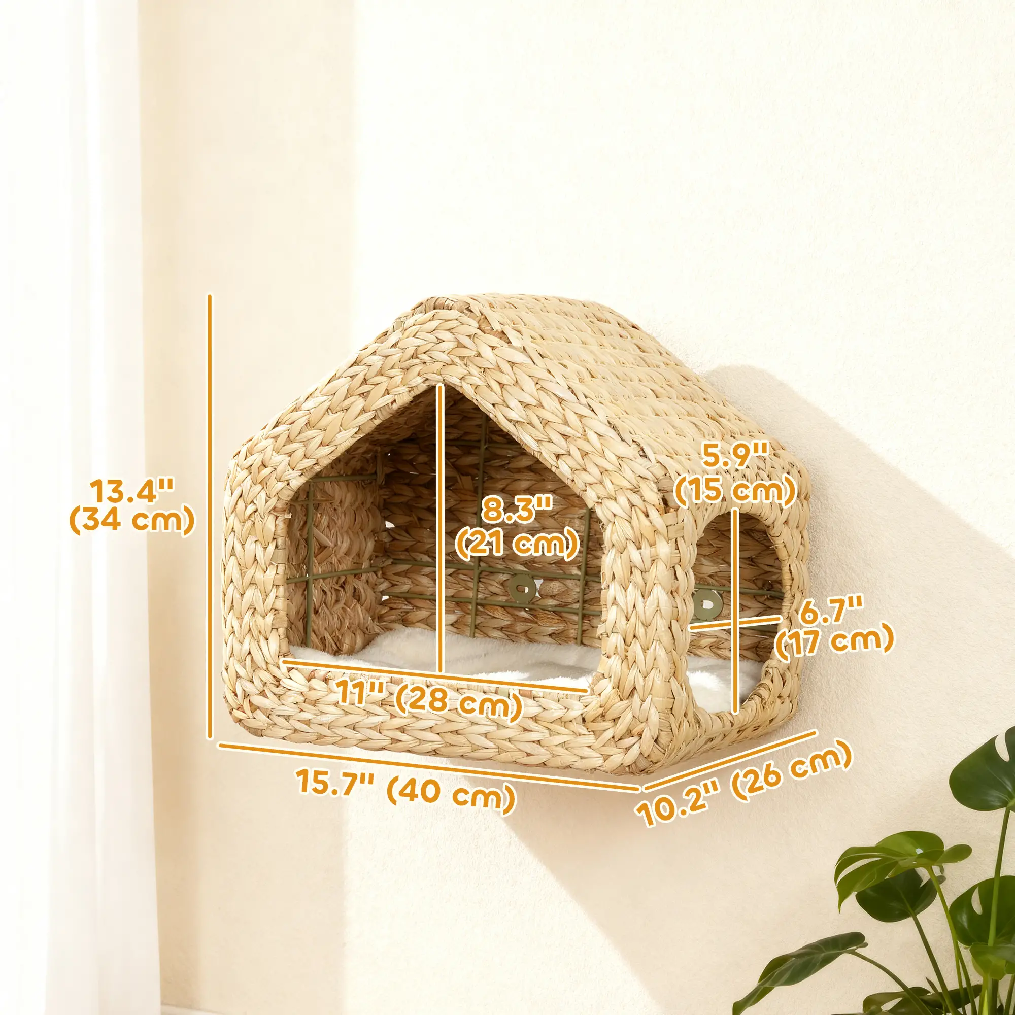 Cat Wall Shelf, Wall Mounted Cat House, Washable Cushion, Natural - Image 3