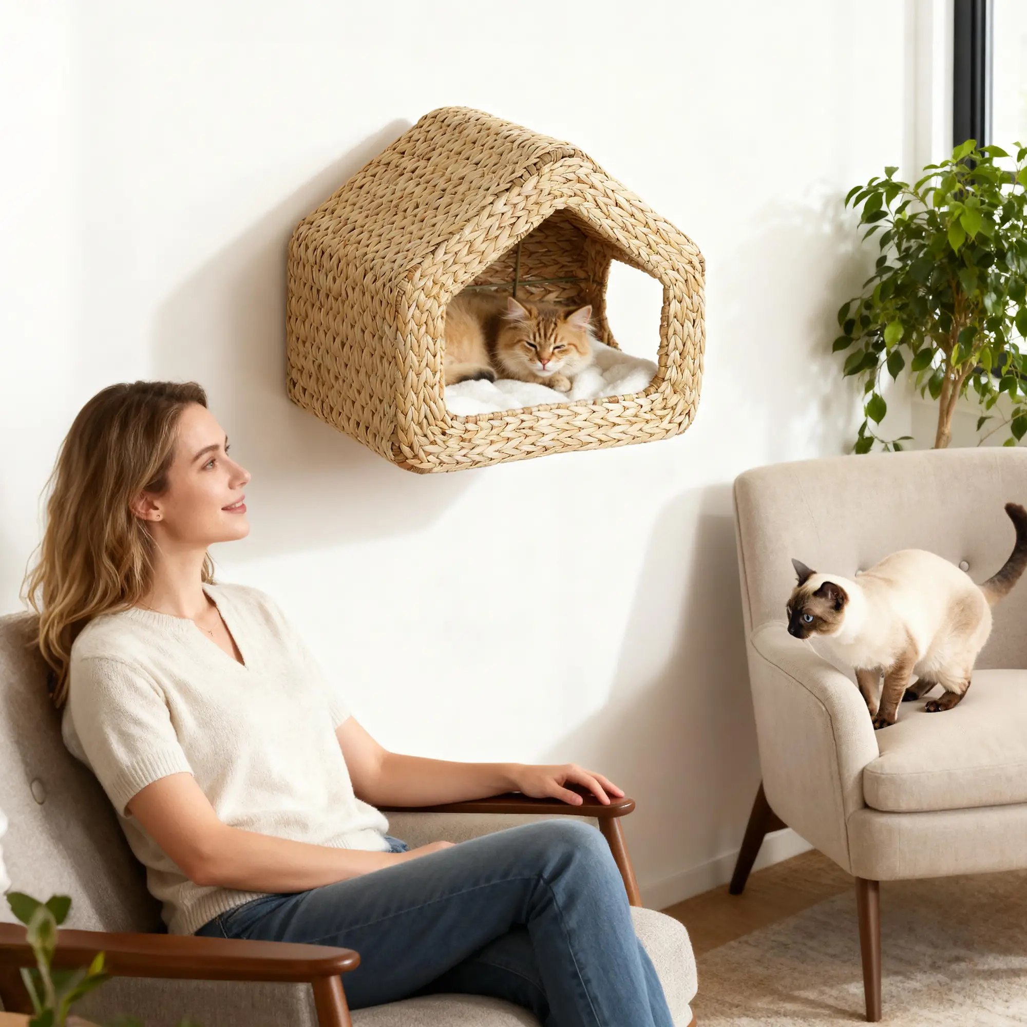 Cat Wall Shelf, Wall Mounted Cat House, Washable Cushion, Natural - Image 8