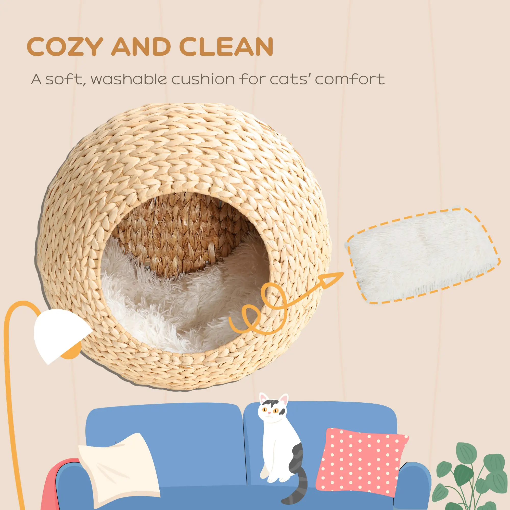 Cat Wall Shelf with Washable Cushion, Wall Mounted Cat Condo, Beige - Image 5