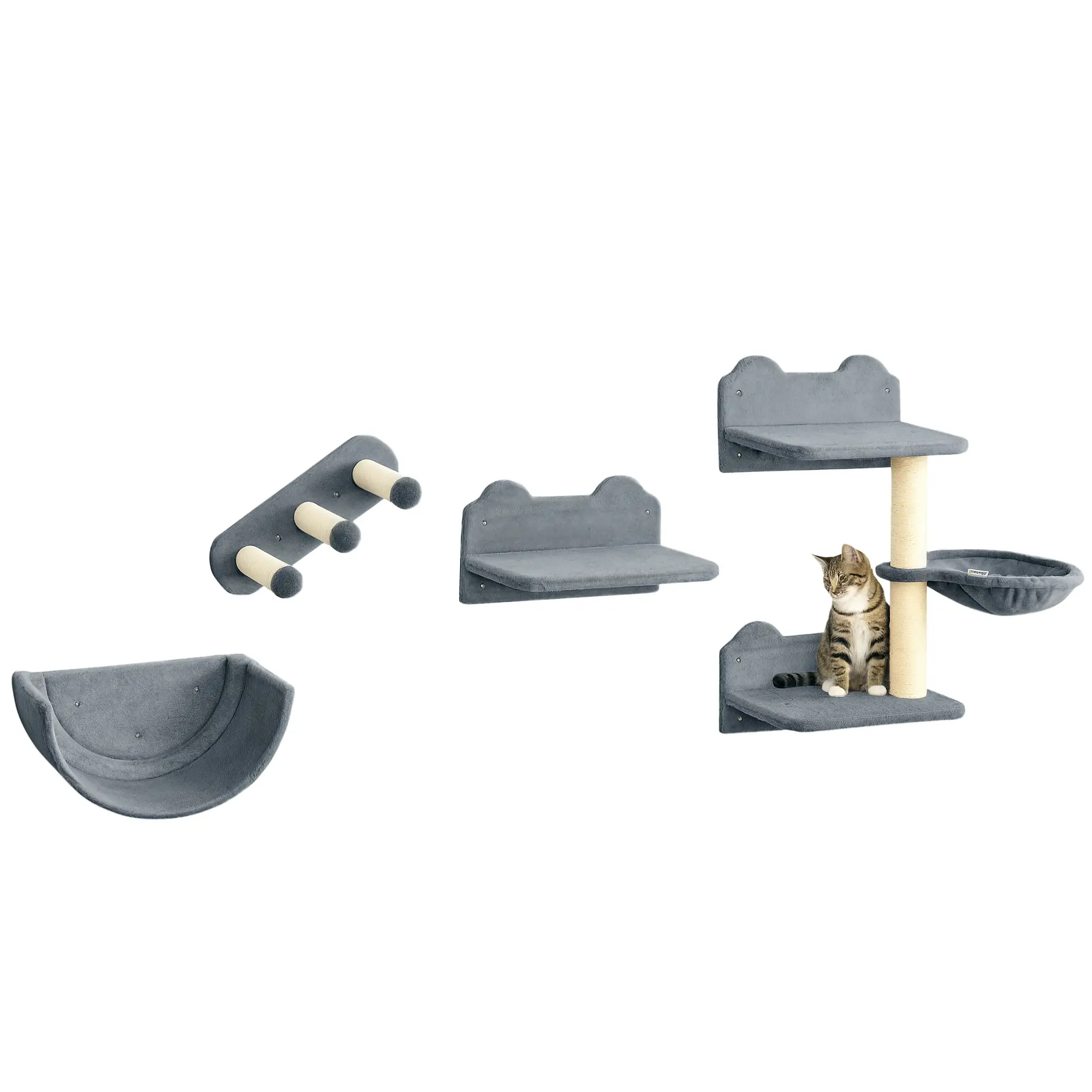 Cat Wall Shelves, 3PCs with Hammock, Scratching Post, Grey