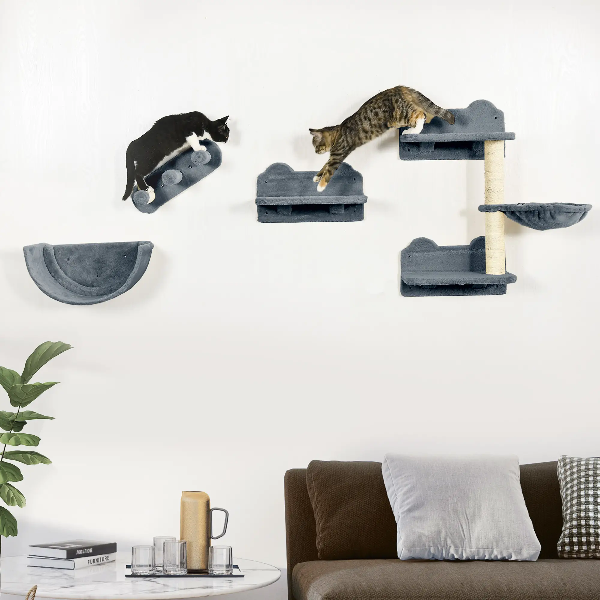 Cat Wall Shelves, 3PCs with Hammock, Scratching Post, Grey - Image 2