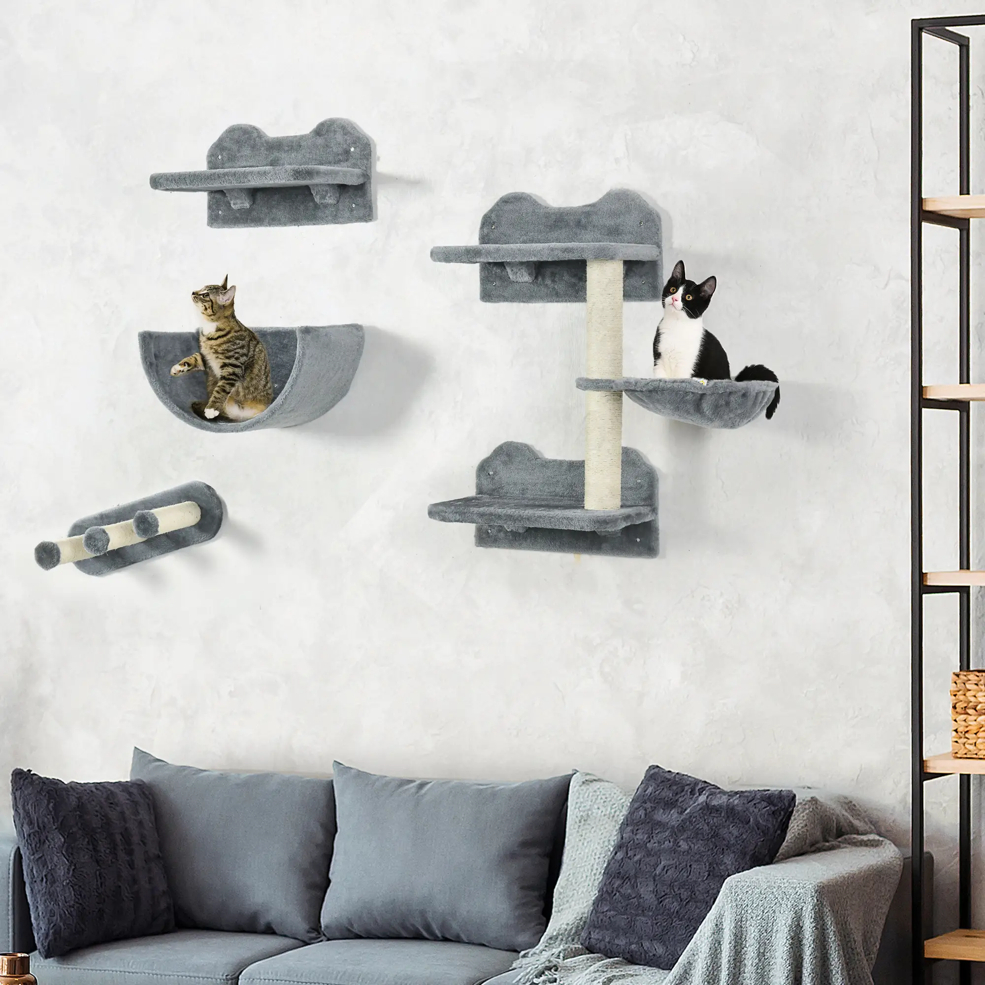 Cat Wall Shelves, 3PCs with Hammock, Scratching Post, Grey - Image 8