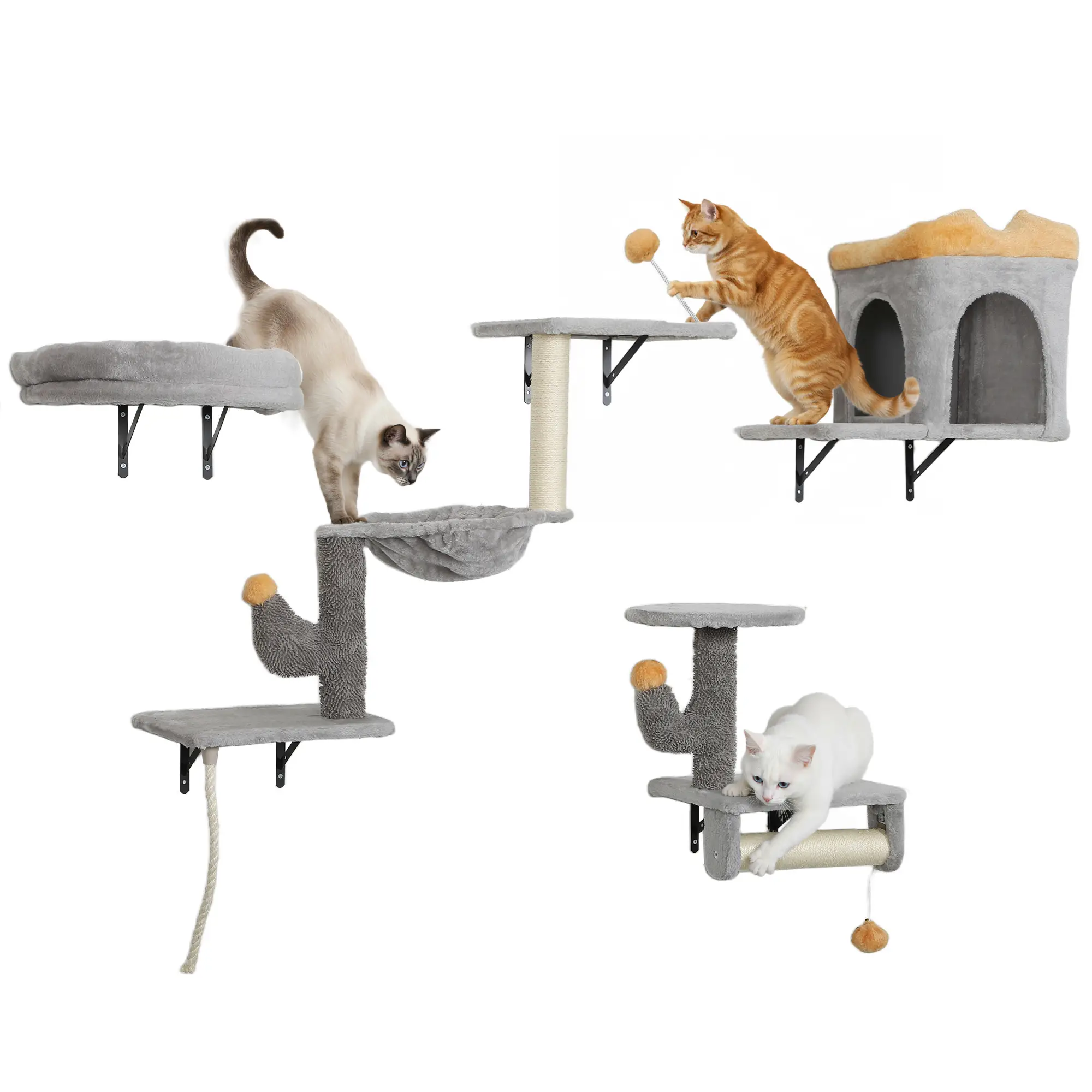 Cat Wall Shelves, 4 Pcs Set with Scratching Posts, Condo, Hammock, Perchs, Light Grey - Image 11