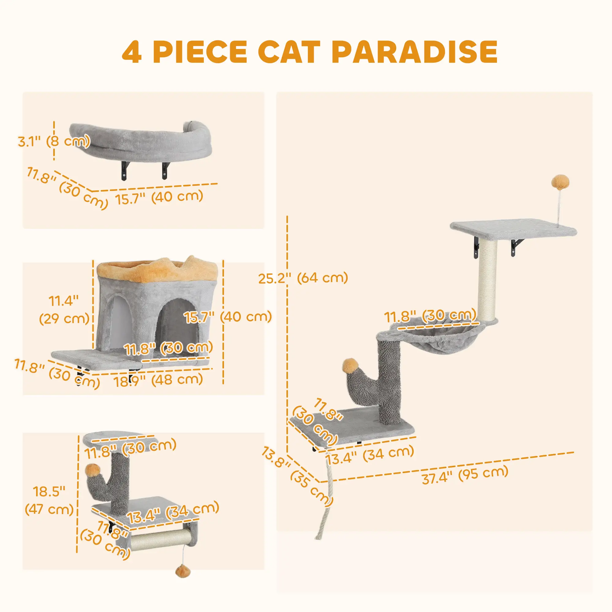 Cat Wall Shelves, 4 Pcs Set with Scratching Posts, Condo, Hammock, Perchs, Light Grey - Image 3