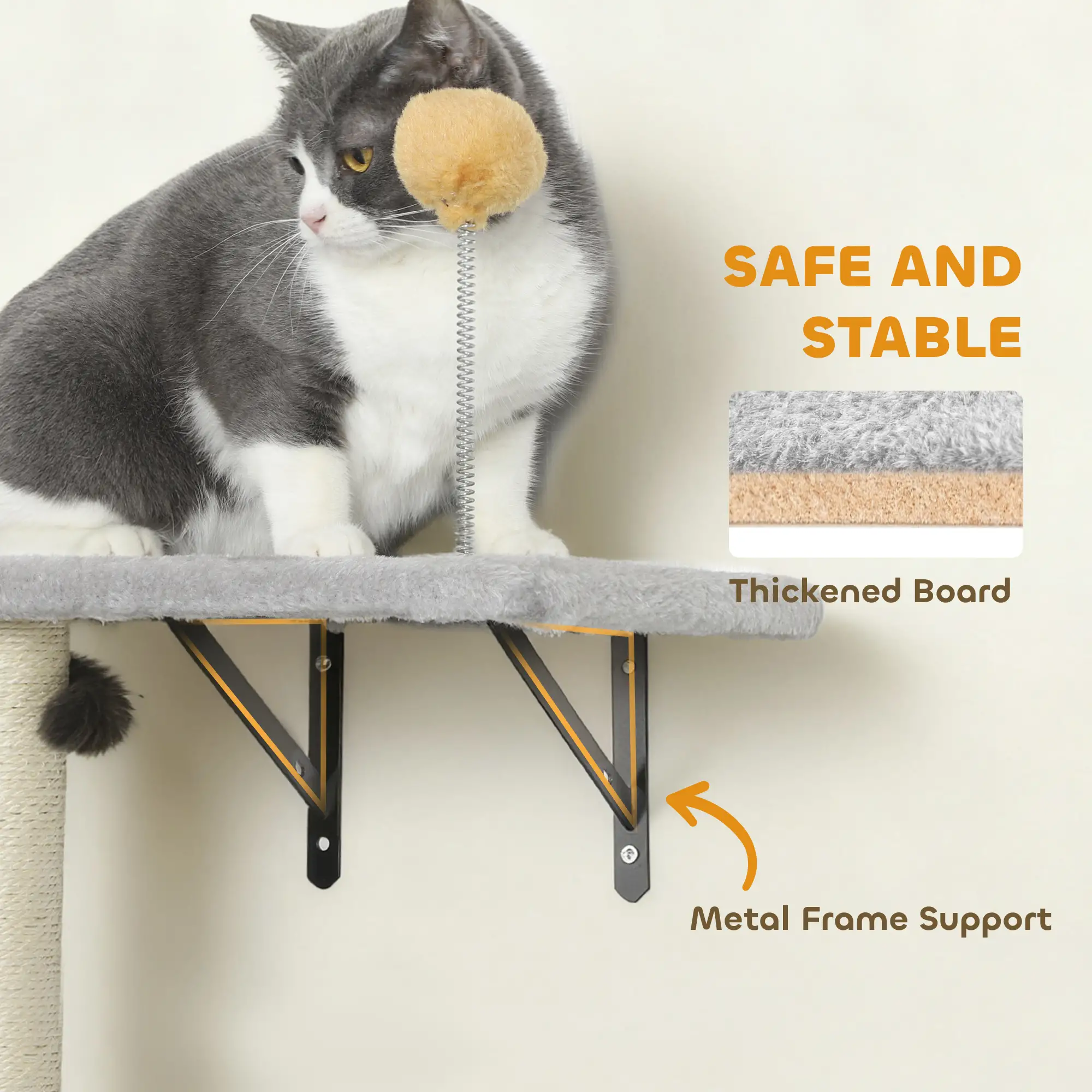 Cat Wall Shelves, 4 Pcs Set with Scratching Posts, Condo, Hammock, Perchs, Light Grey - Image 4