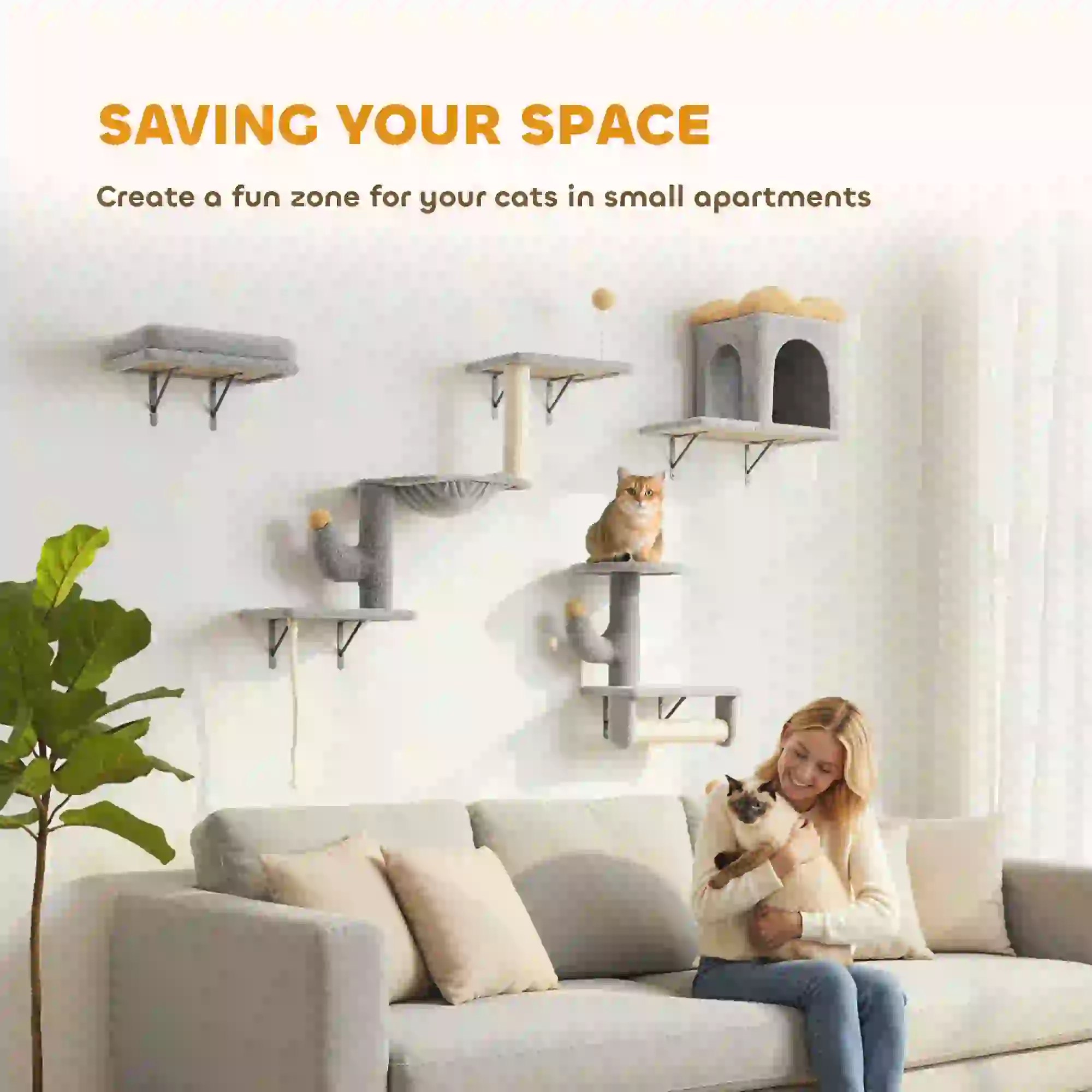 Cat Wall Shelves, 4 Pcs Set with Scratching Posts, Condo, Hammock, Perchs, Light Grey - Image 5