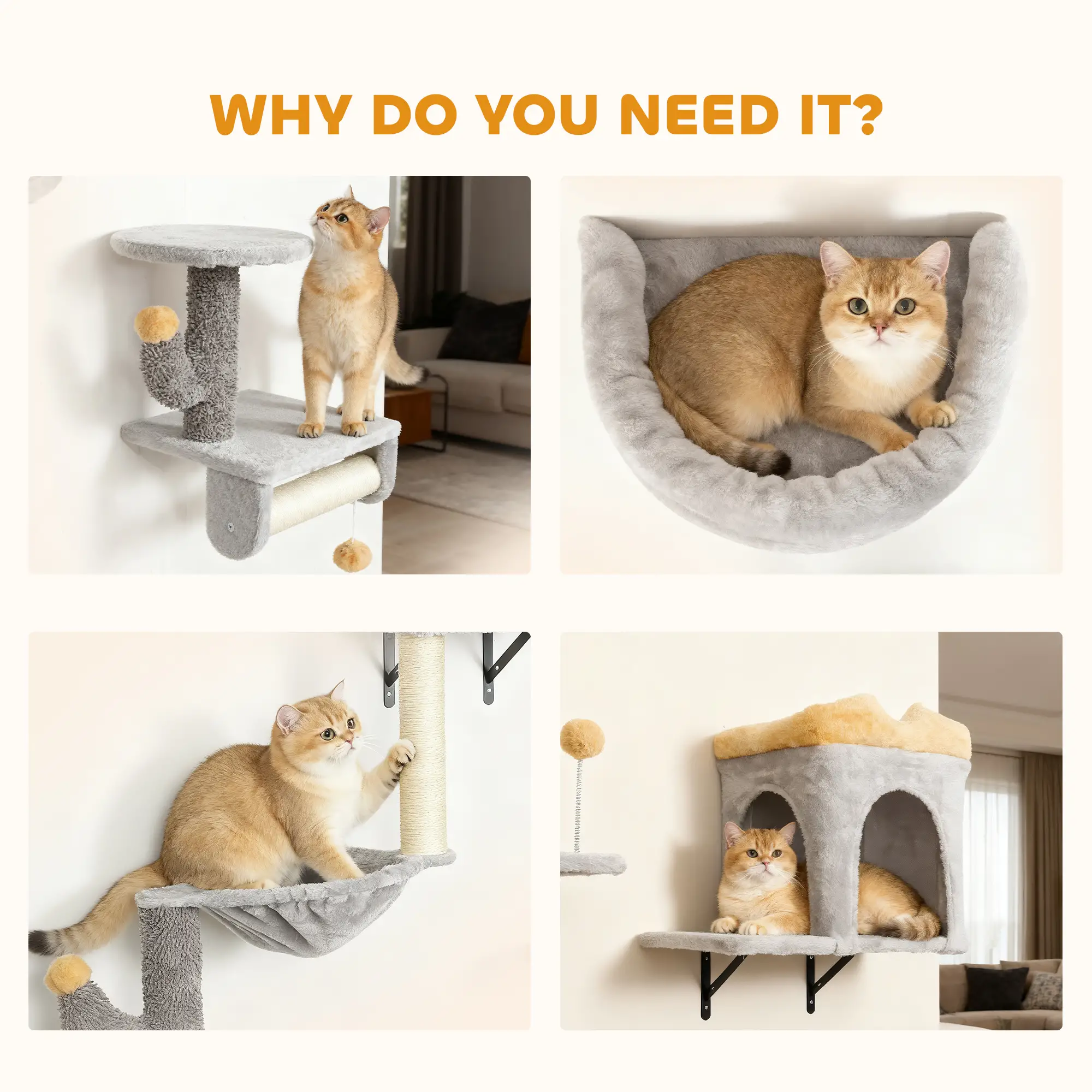 Cat Wall Shelves, 4 Pcs Set with Scratching Posts, Condo, Hammock, Perchs, Light Grey - Image 6