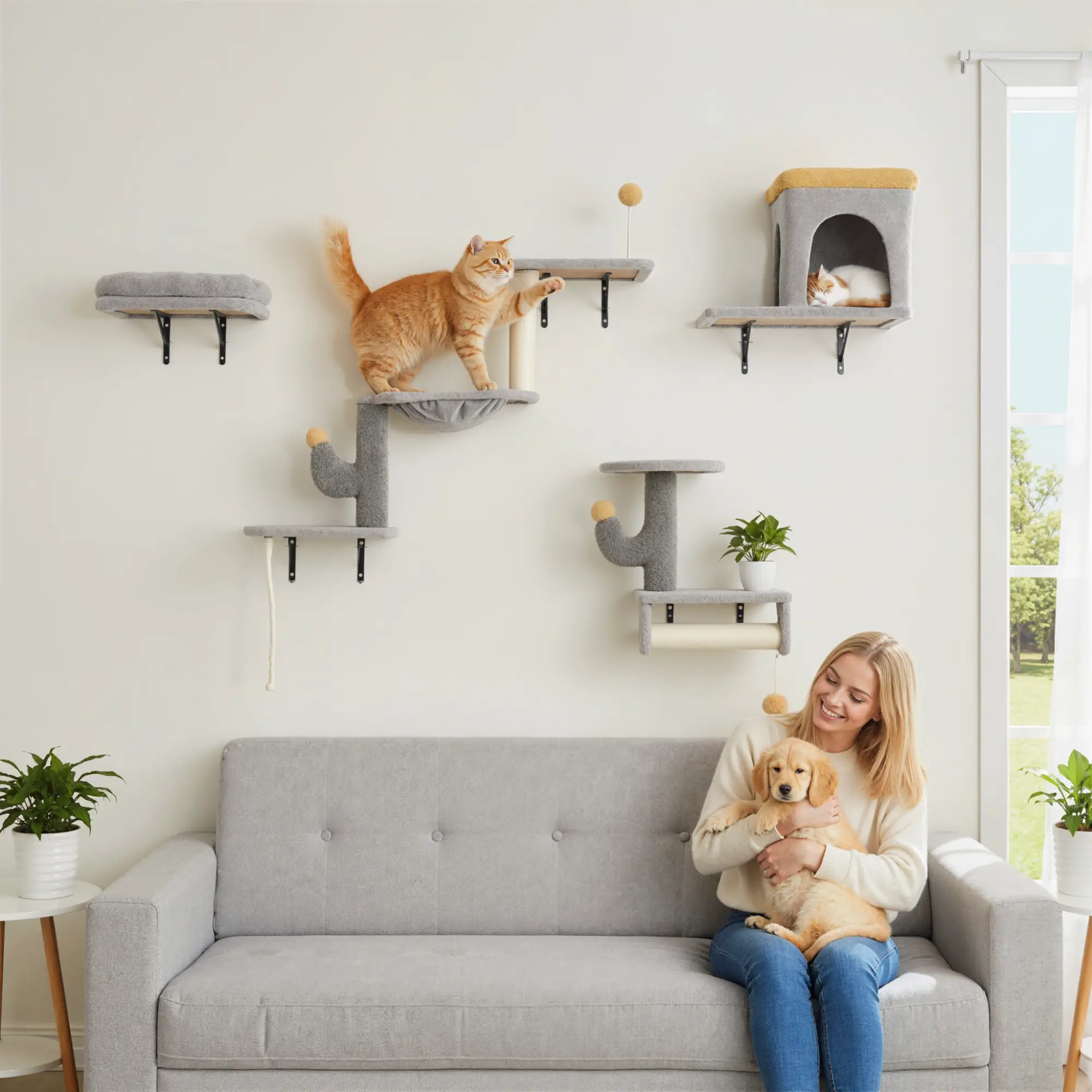 Cat Wall Shelves, 4 Pcs Set with Scratching Posts, Condo, Hammock, Perchs, Light Grey - Image 8