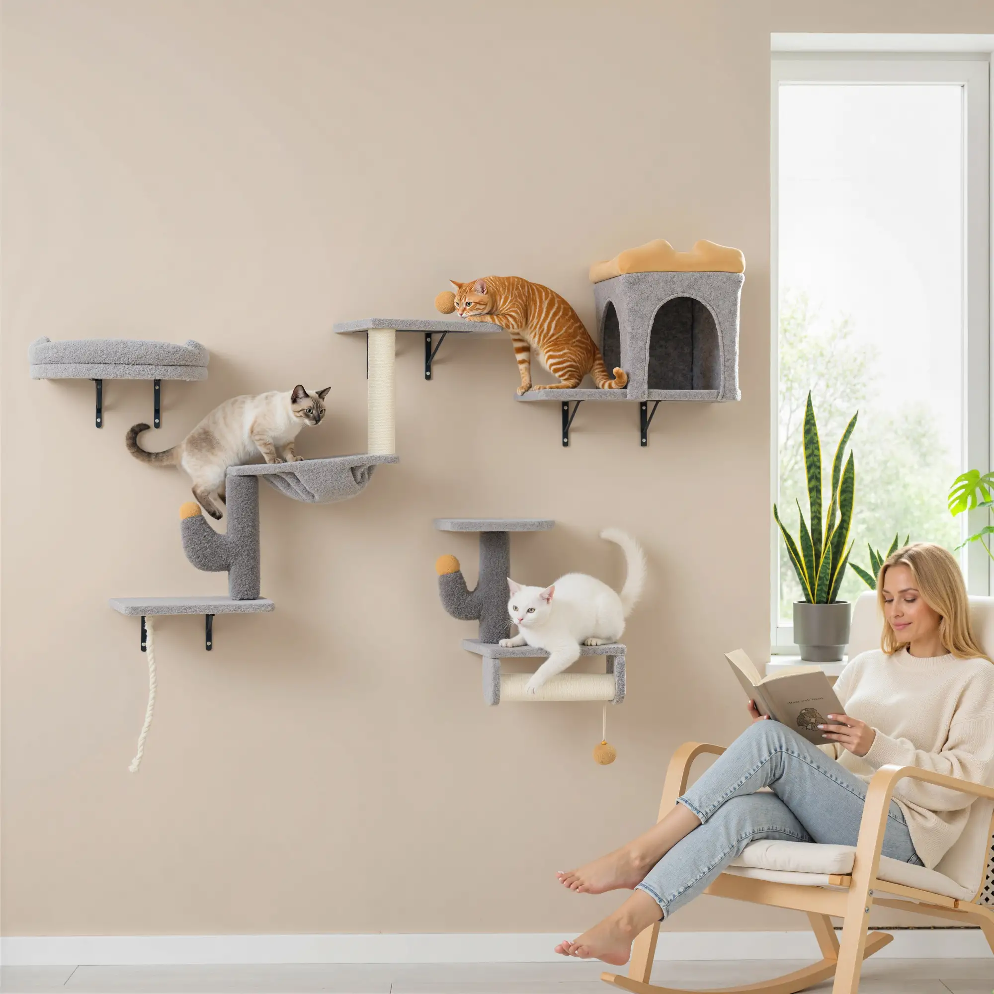 Cat Wall Shelves, 4 Pcs Set with Scratching Posts, Condo, Hammock, Perchs, Light Grey - Image 9