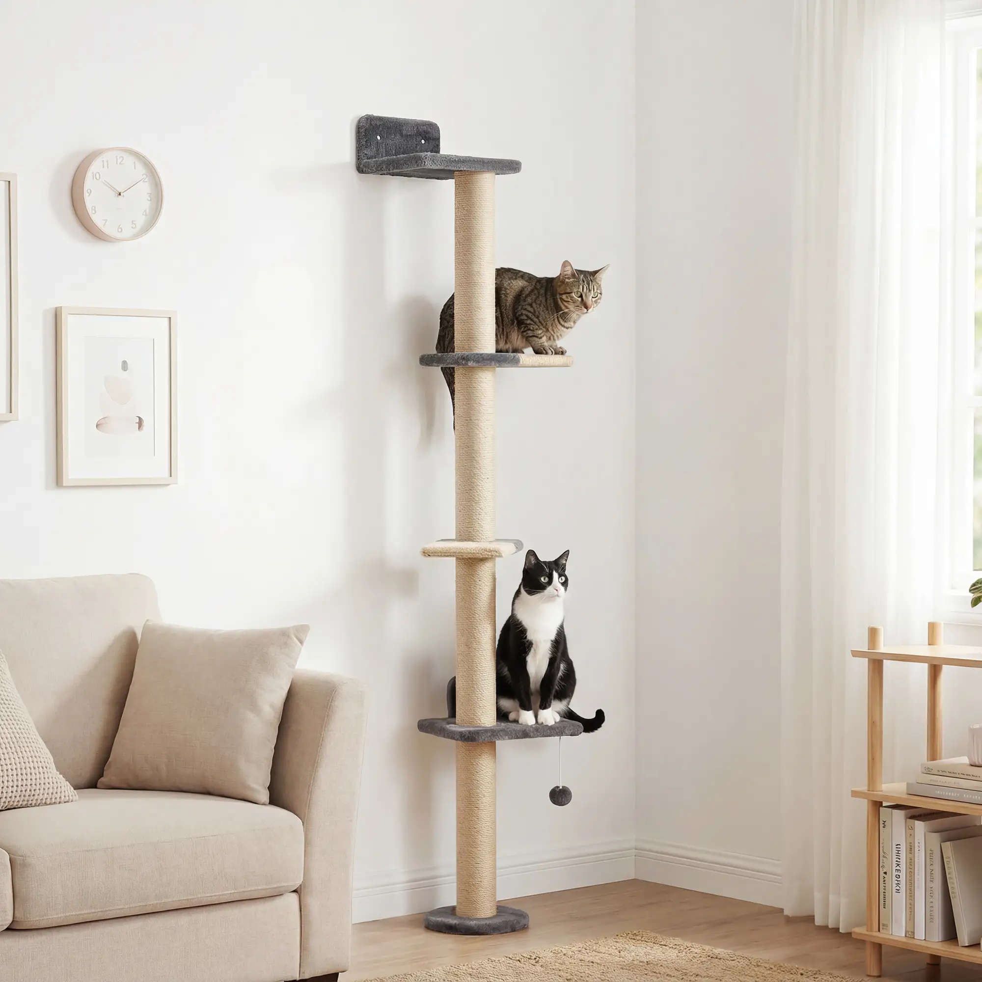 Cat Wall Shelves, 4 Platforms, Jute Scratching Post, Dark Grey - Image 11