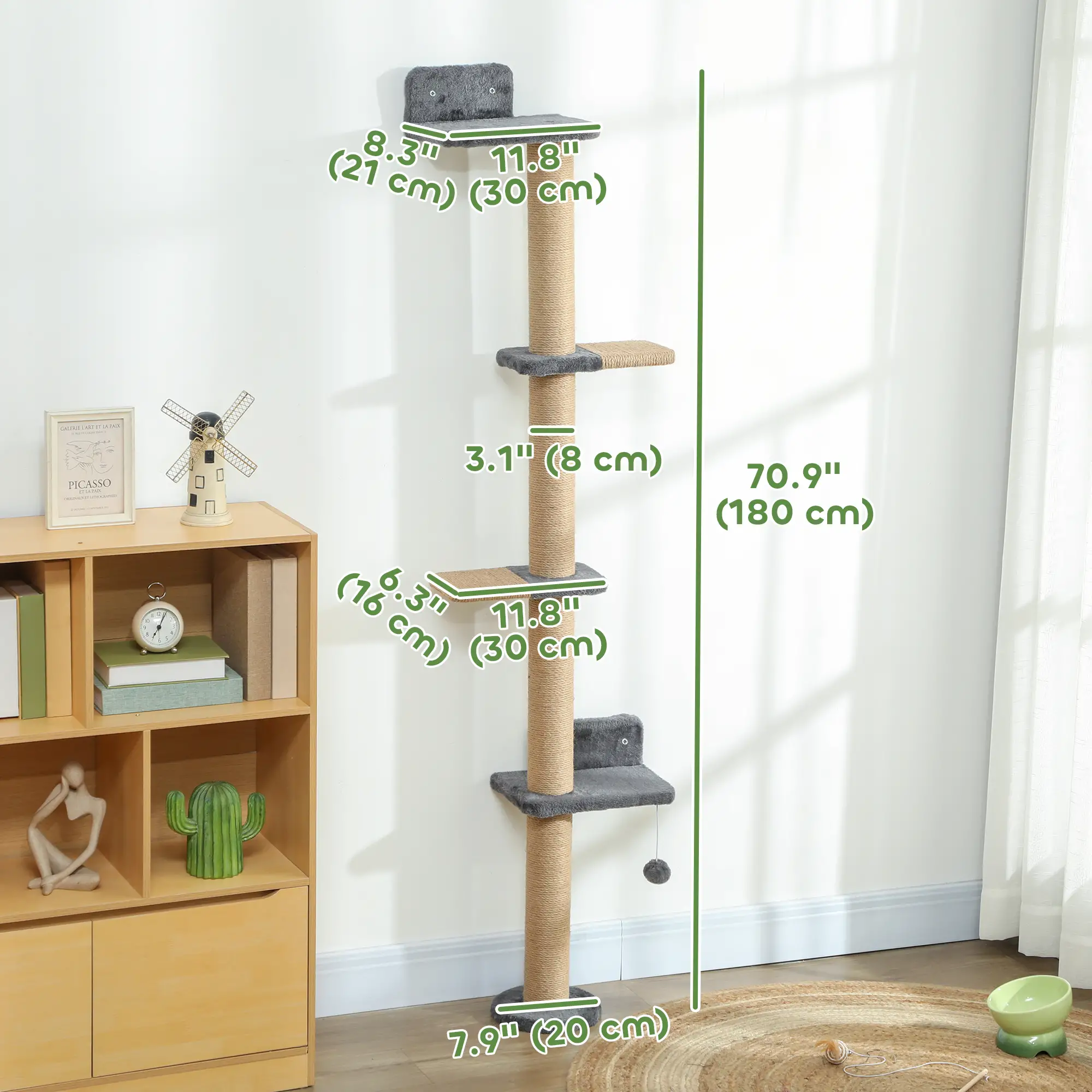 Cat Wall Shelves, 4 Platforms, Jute Scratching Post, Dark Grey - Image 3