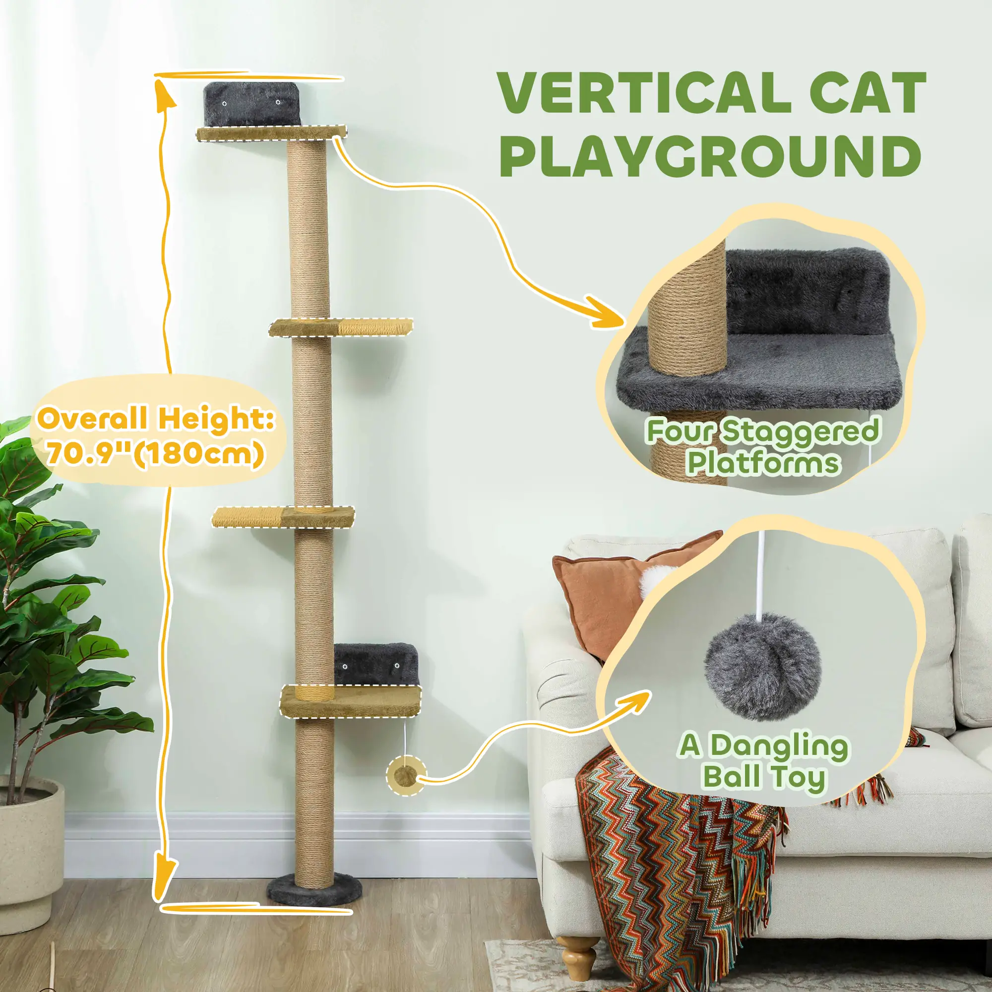 Cat Wall Shelves, 4 Platforms, Jute Scratching Post, Dark Grey - Image 4