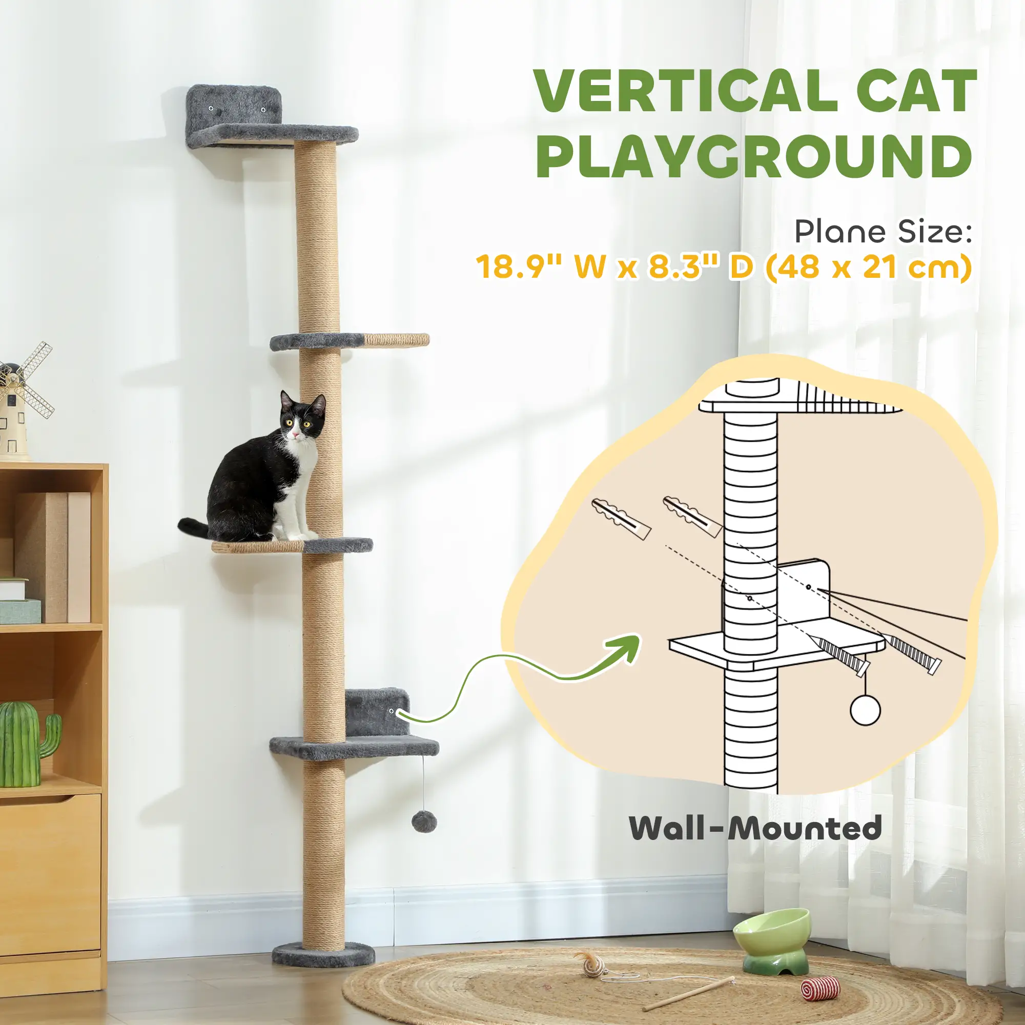 Cat Wall Shelves, 4 Platforms, Jute Scratching Post, Dark Grey - Image 5