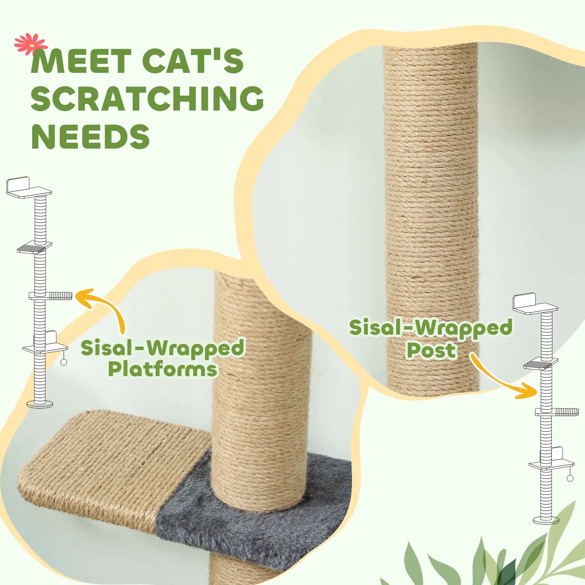 Cat Wall Shelves, 4 Platforms, Jute Scratching Post, Dark Grey - Image 6