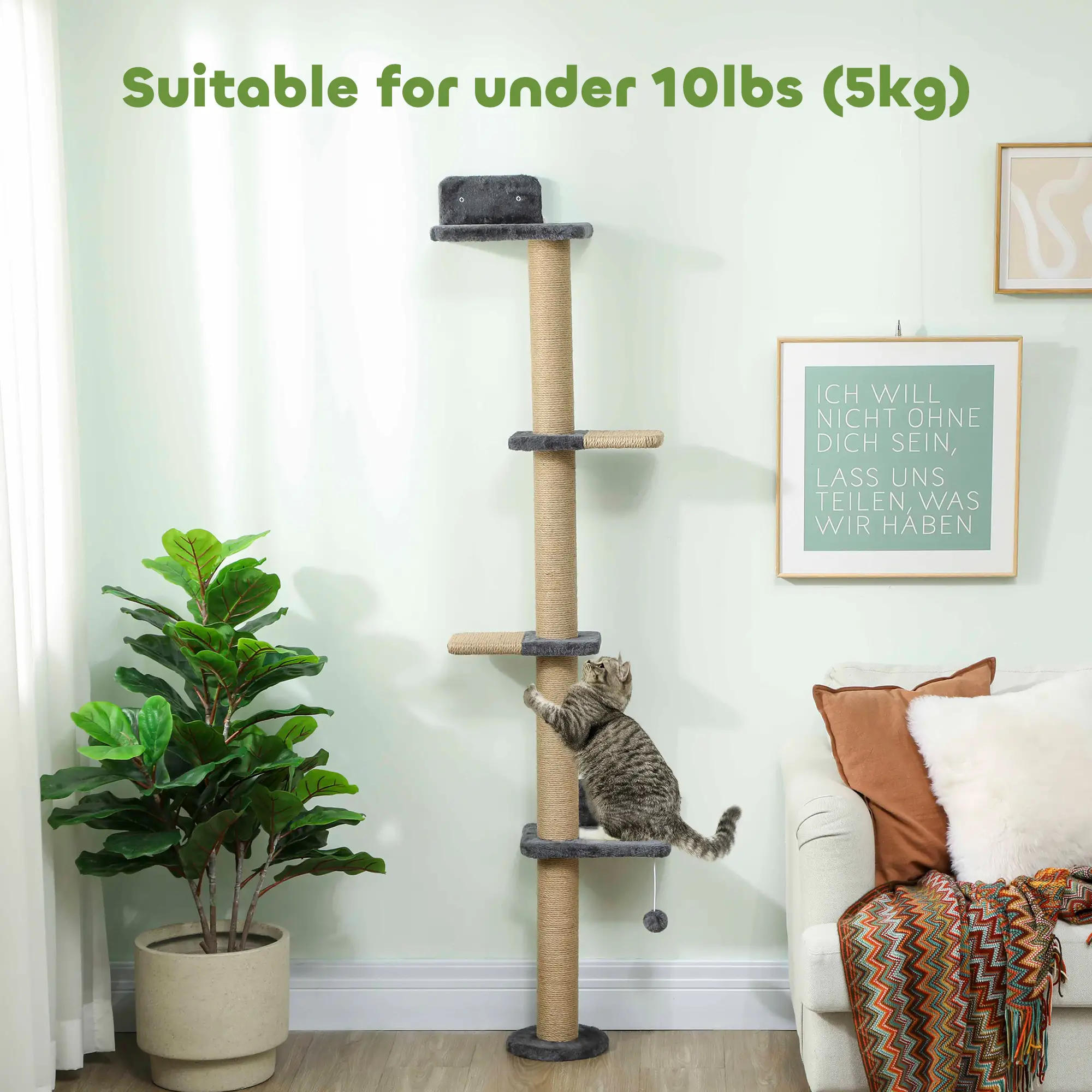 Cat Wall Shelves, 4 Platforms, Jute Scratching Post, Dark Grey - Image 7
