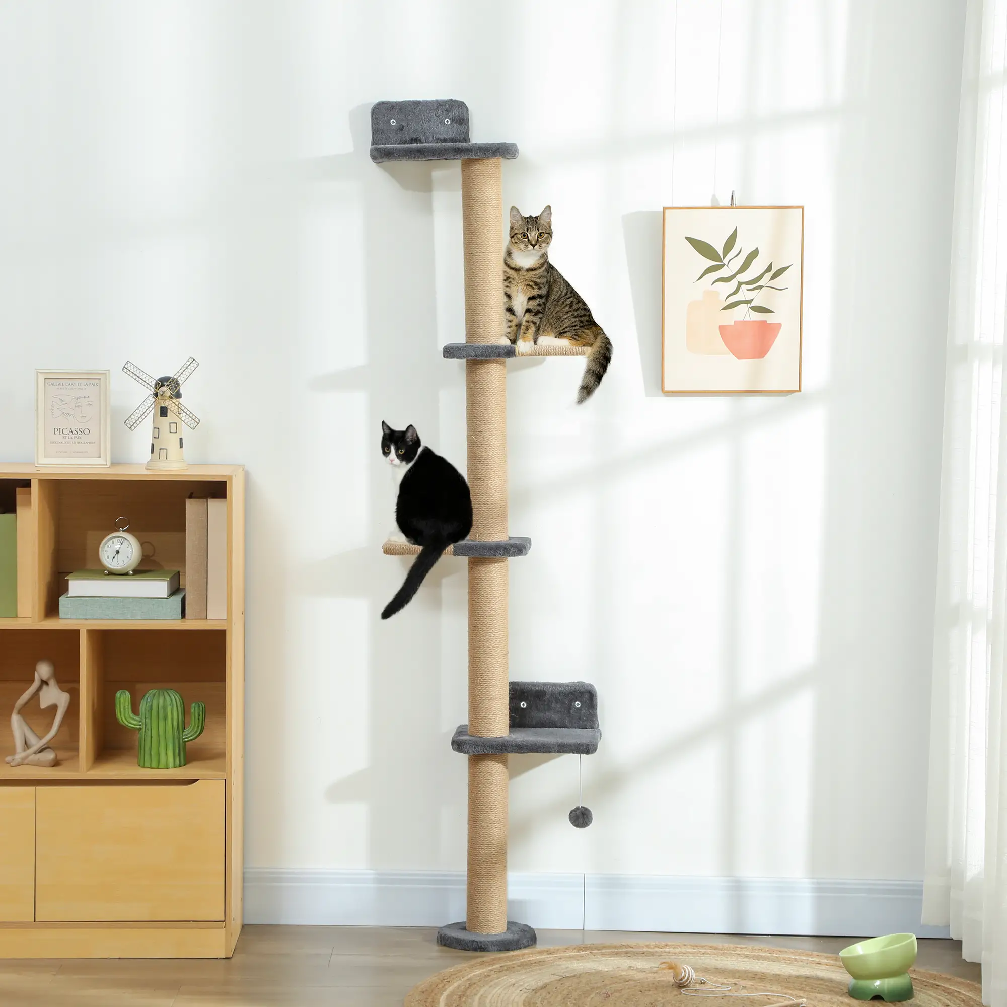 Cat Wall Shelves, 4 Platforms, Jute Scratching Post, Dark Grey - Image 8