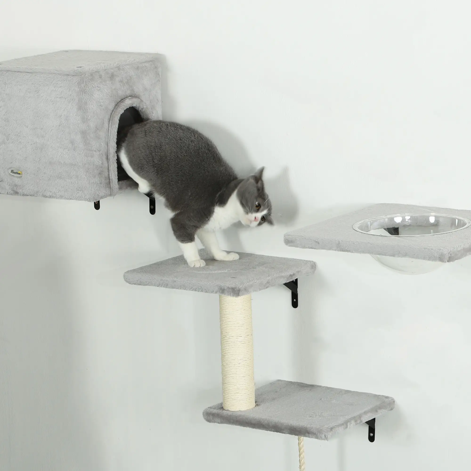 Cat Wall Shelves Set of 7, Perches with House, Sisal Ladder, Bed, Grey - Image 10