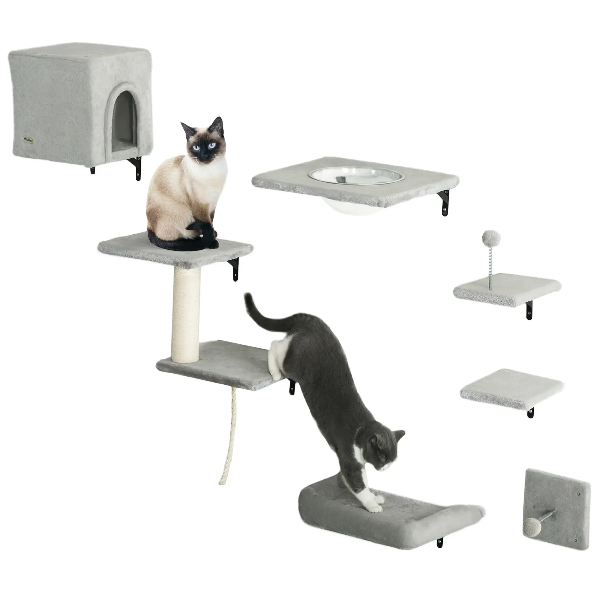 Cat Wall Shelves Set of 7, Perches with House, Sisal Ladder, Bed, Grey - Image 11