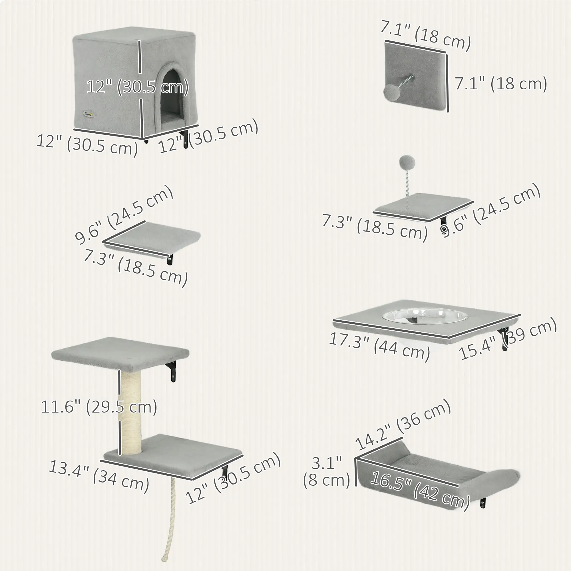 Cat Wall Shelves Set of 7, Perches with House, Sisal Ladder, Bed, Grey - Image 3