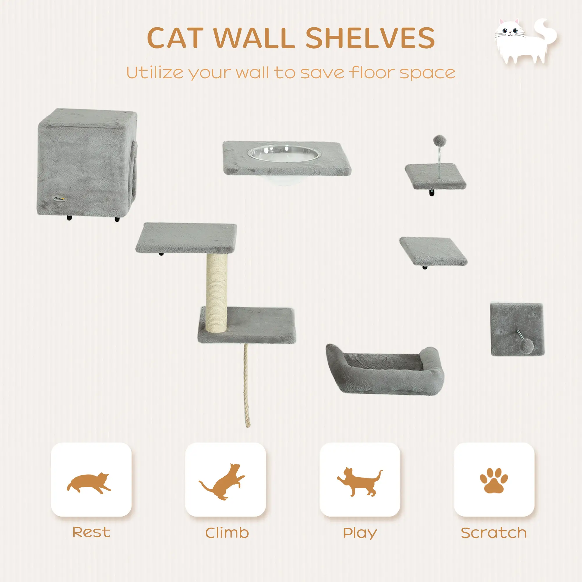 Cat Wall Shelves Set of 7, Perches with House, Sisal Ladder, Bed, Grey - Image 4