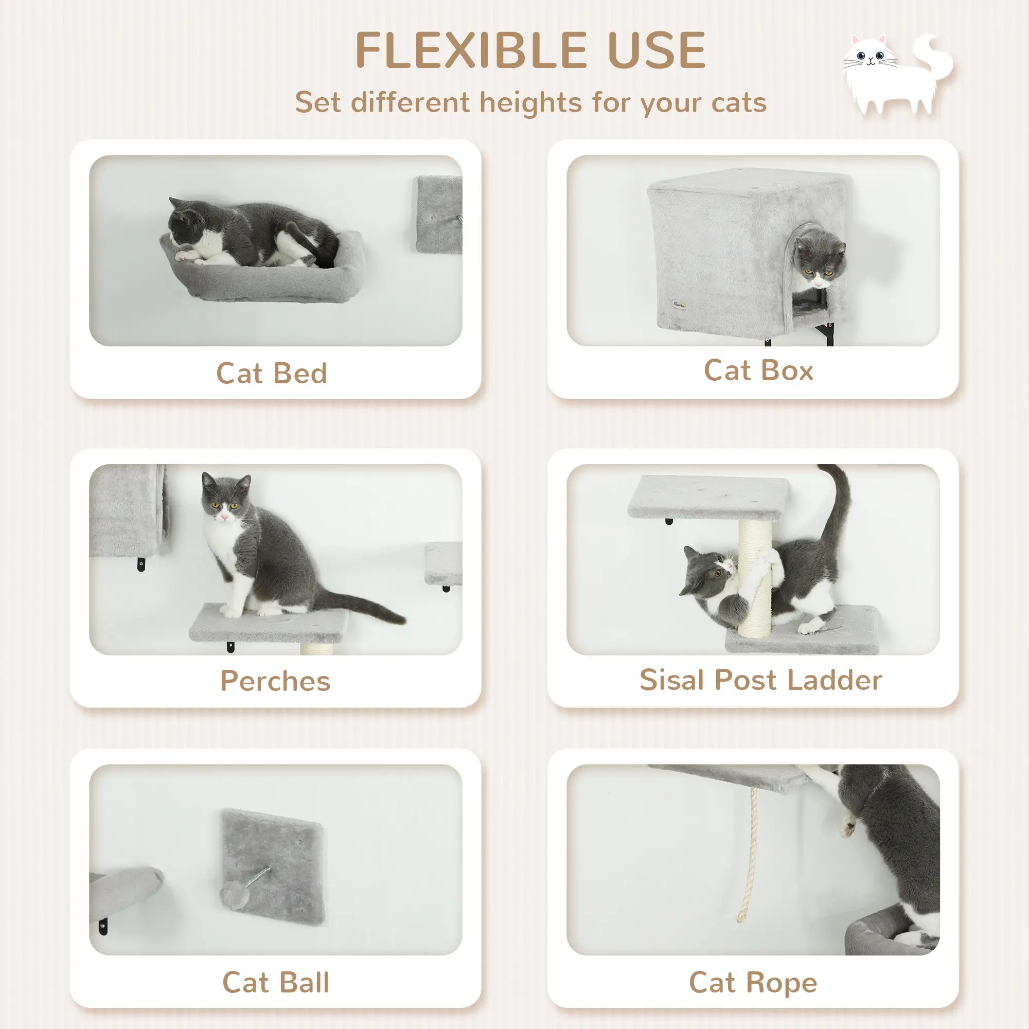 Cat Wall Shelves Set of 7, Perches with House, Sisal Ladder, Bed, Grey - Image 5