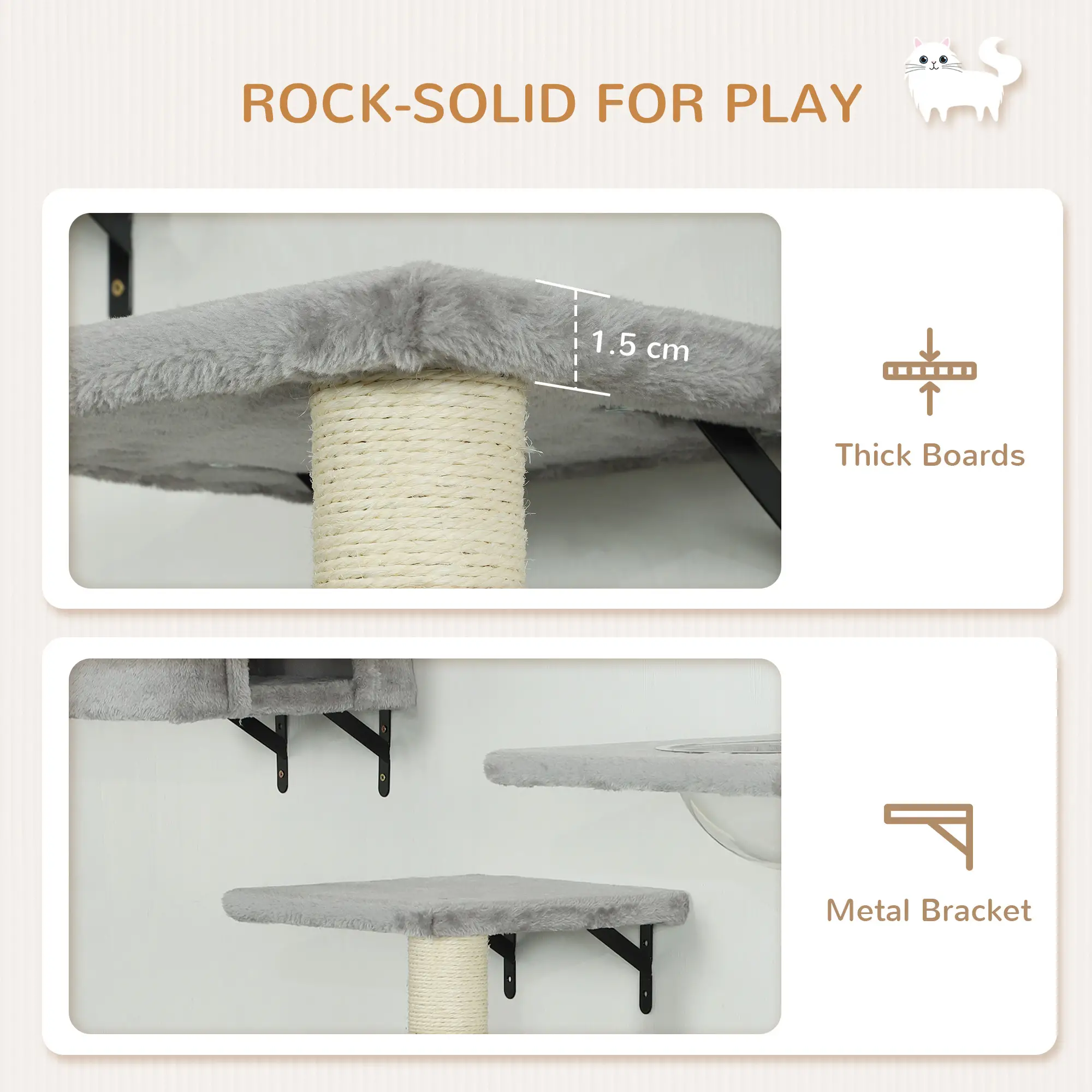 Cat Wall Shelves Set of 7, Perches with House, Sisal Ladder, Bed, Grey - Image 6