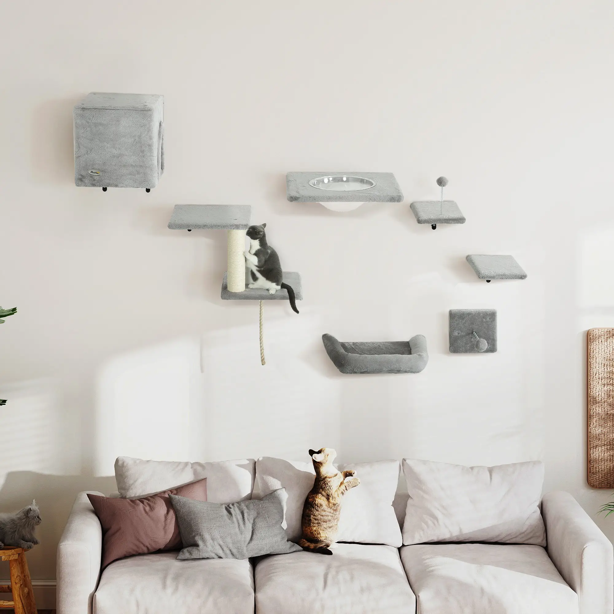 Cat Wall Shelves Set of 7, Perches with House, Sisal Ladder, Bed, Grey - Image 8