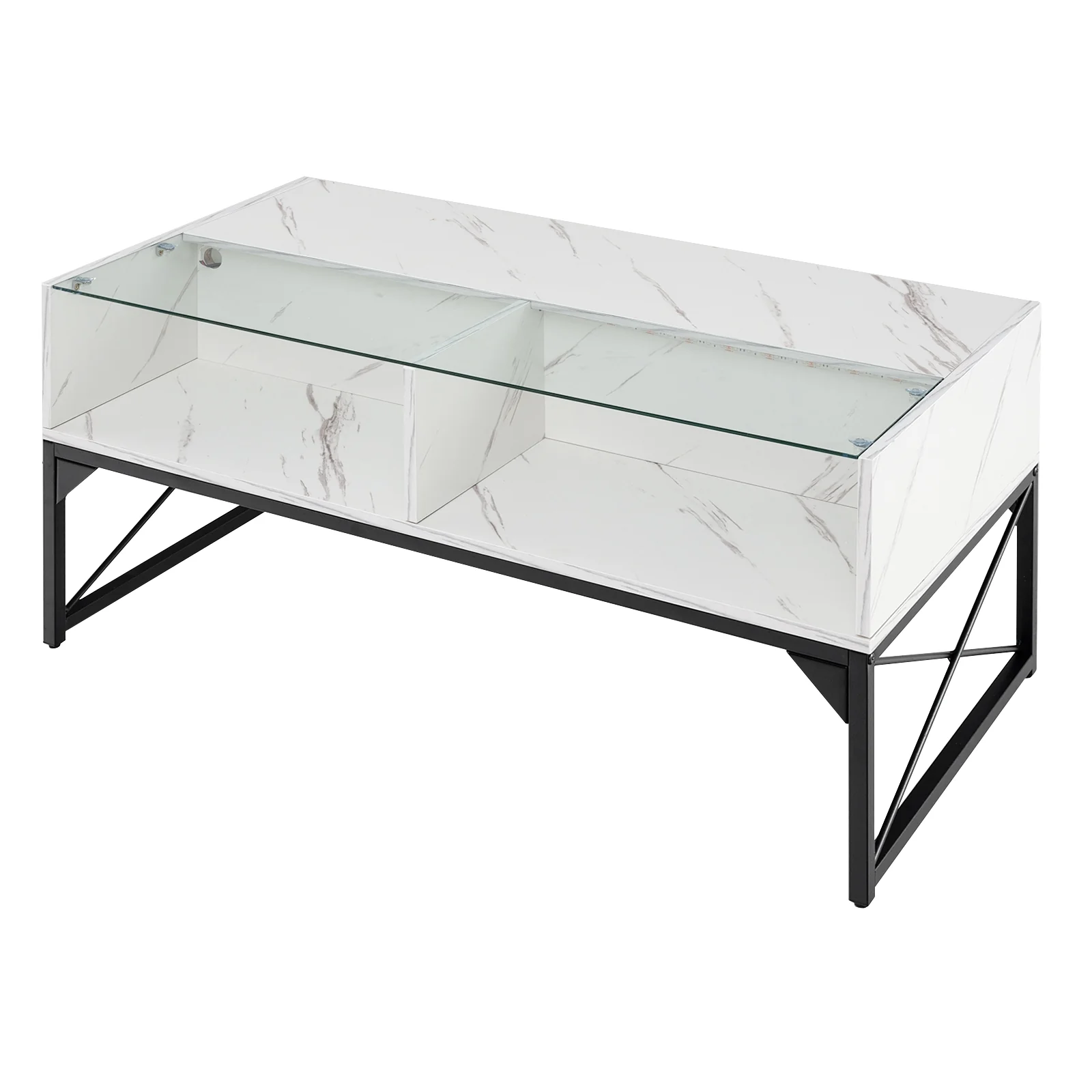 Center Table, Faux Marble Tempered Glass Top, White