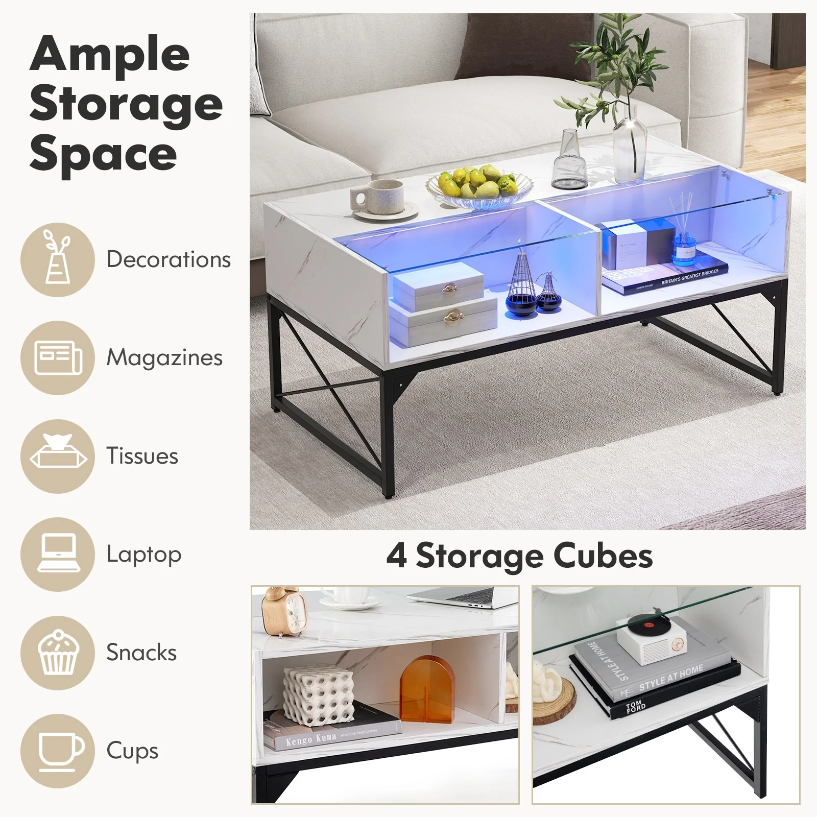 Center Table, Faux Marble Tempered Glass Top, White - Image 10