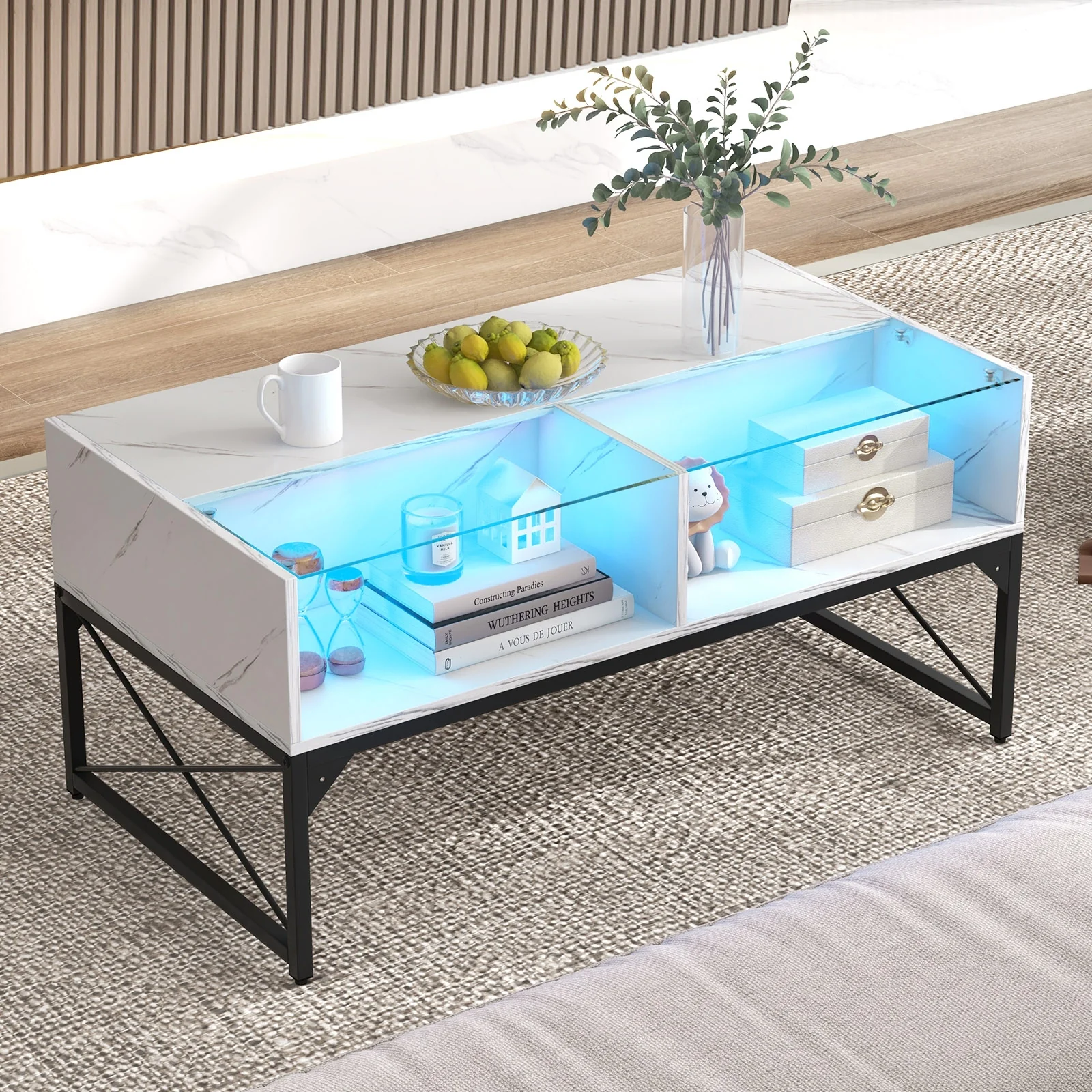 Center Table, Faux Marble Tempered Glass Top, White - Image 2