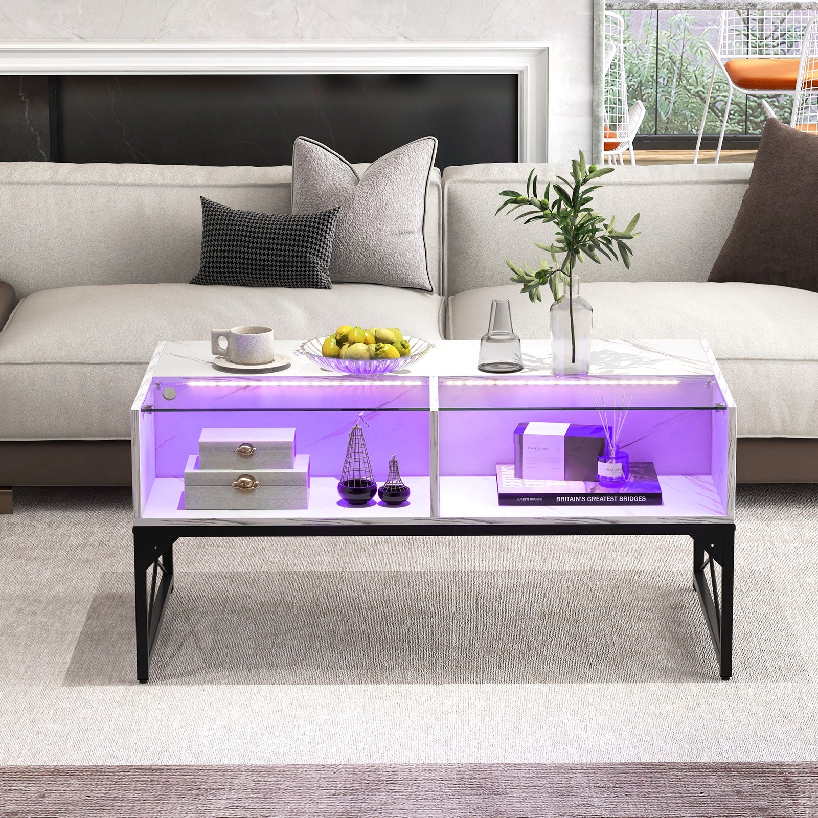 Center Table, Faux Marble Tempered Glass Top, White - Image 3